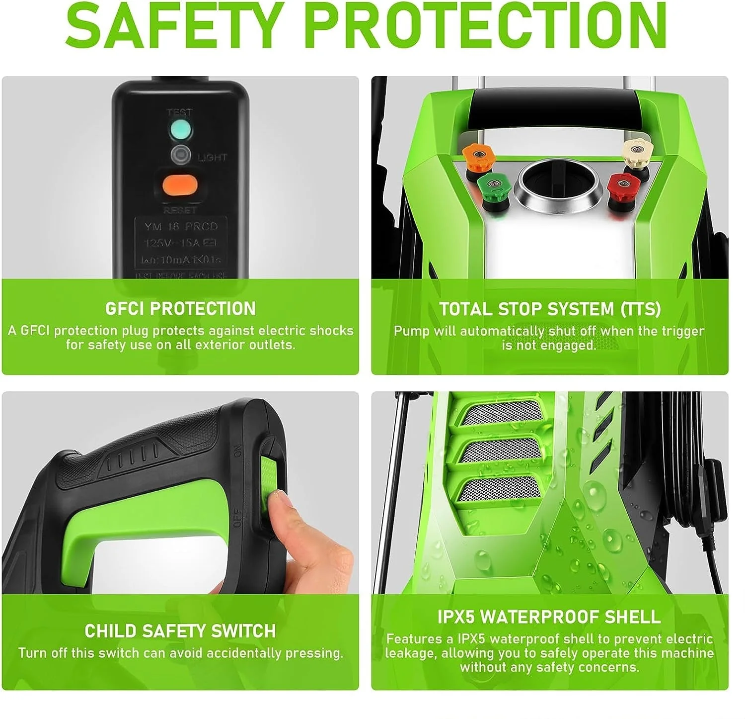 2.7GPM Electric Pressure Washer Power Washer 1800W High Pressure Washer Cleaner Machine with 4 Changeable Nozzle & Hose Reel, Best for Cleaning Patio, Garden,Yard (Green) - Image 9