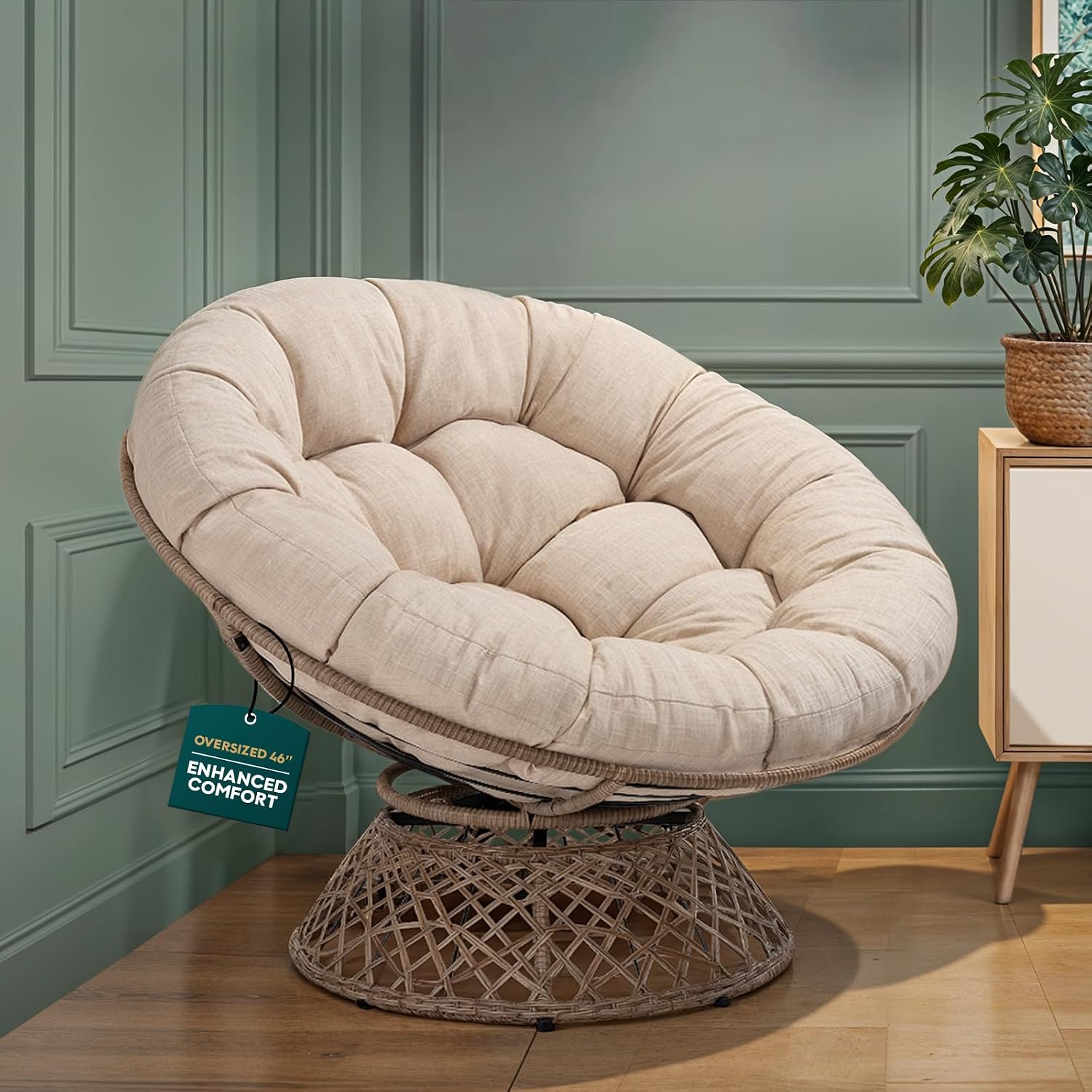 40" Wicker Papasan Chair, 360° Swivel, Arctic Snow, Brown Base - Image 19