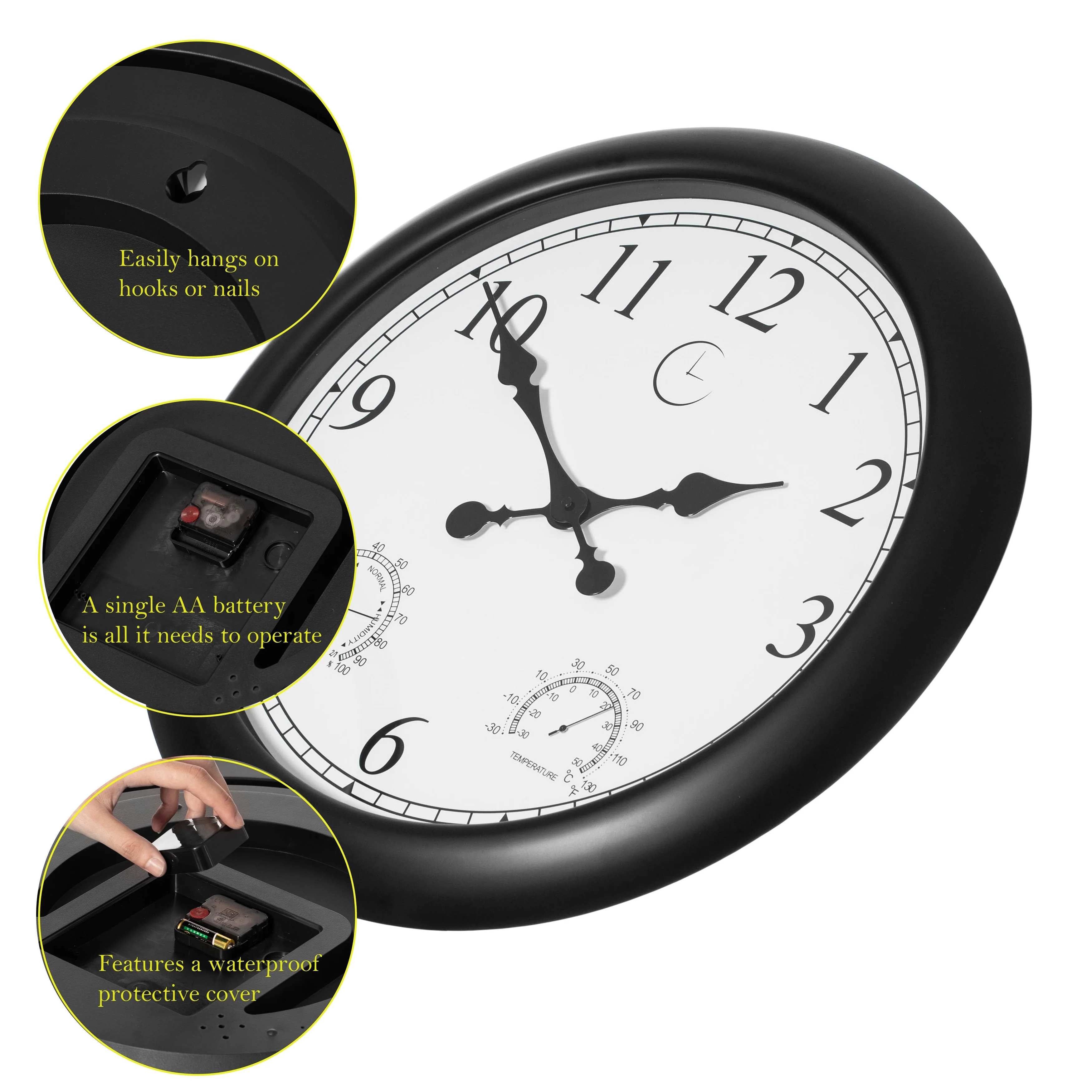 Large Outdoor Wall Clock with Thermometer, Waterproof Silent Garden Weather Station, Black - Image 11