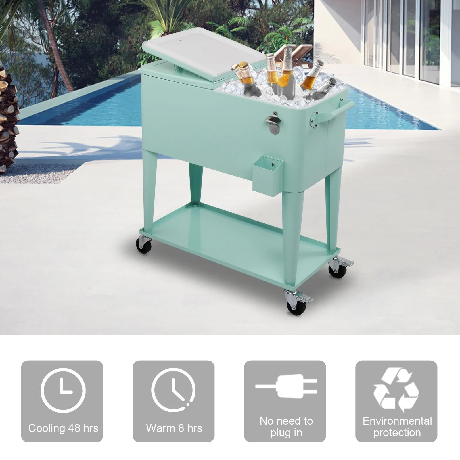 EasingRoom Iron Spray Plastic Patio Cooler Cart with Tray Cooler with Shelf Green - Image 4