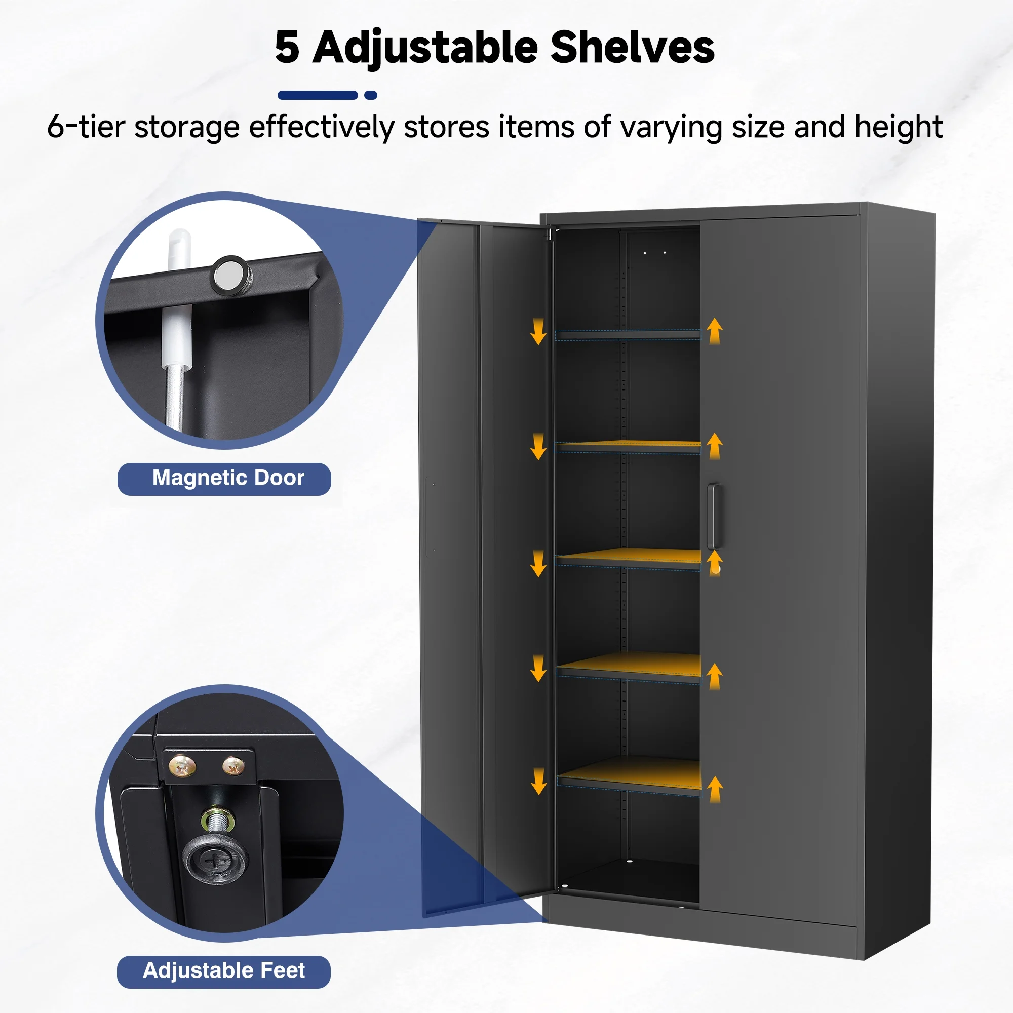 AUHUP 71" Metal Cabinet with Locking Doors and 5 Adjustable Shelves, Black Garage Storage Cabinet for Warehouse, Basement, Home Office, Tool File Storage Utility Cabinets - Image 4