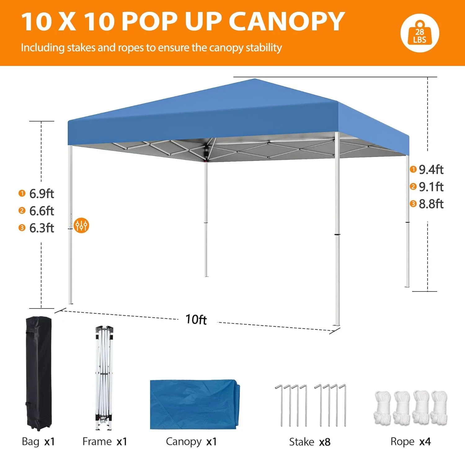 Puppys 10 X 10ft Pop Up Canopy Tent Easy Set up Outdoor Instant Straight Legs Portable Gazebo Shelter with Wheeled Bag for Camp Beach Patio and Garden (Blue) - Image 2