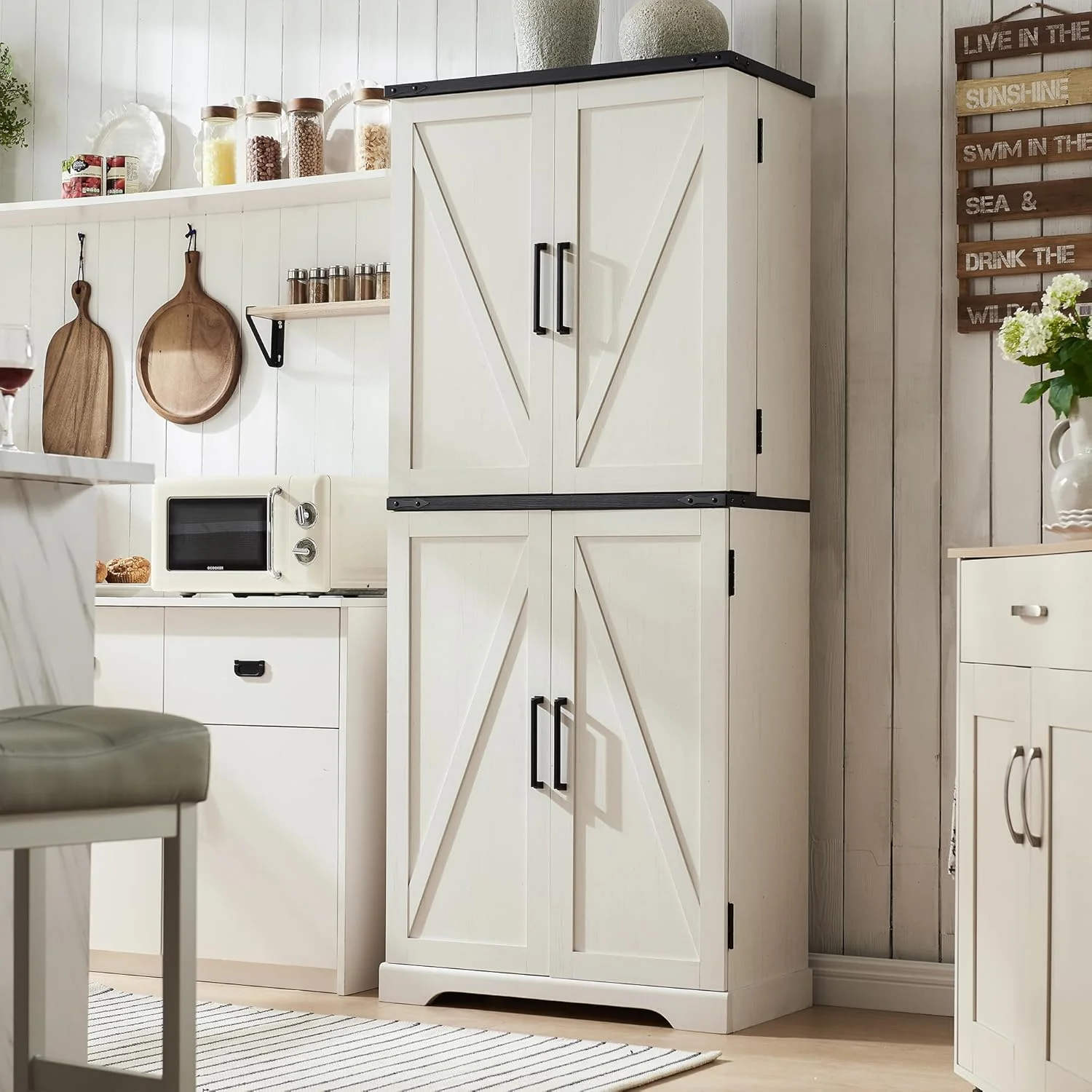 47" Kitchen Pantry, Farmhouse Storage Cabinet with Barn Doors, Organizer and Adjustable Shelves, Rustic Wood Cupboard for Kitchen, Dining Room, Bathroom and Hallway, Black - Image 32