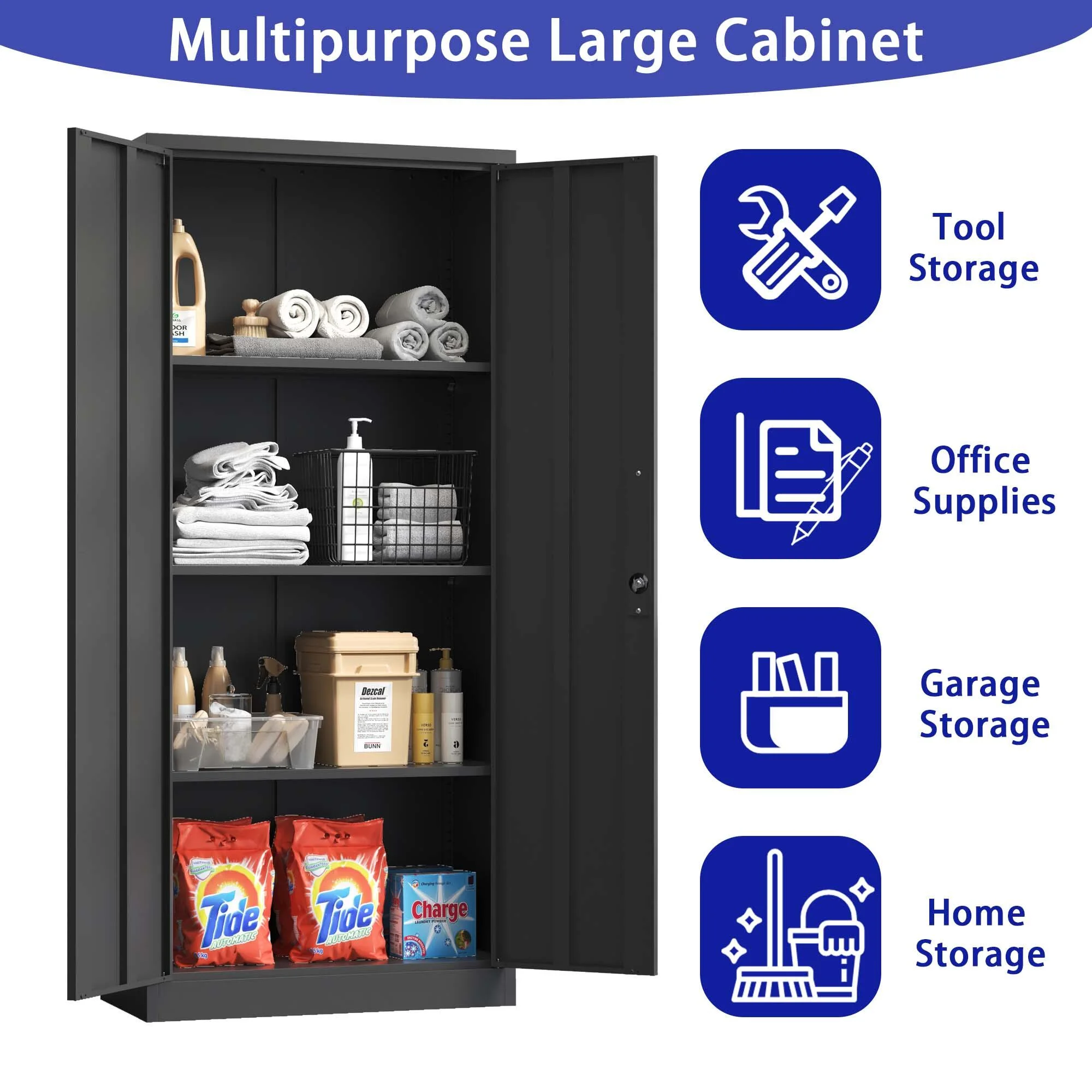 DUOSONG 71"H Metal Garage Storage Cabinet, Black Tool Steel Locking Cabinet With Doors And 3 Shelves, Tall Cabinets For Garage Storage Systems Lockable File Cabinet For Home Office, Classroom/Pantry - Image 13