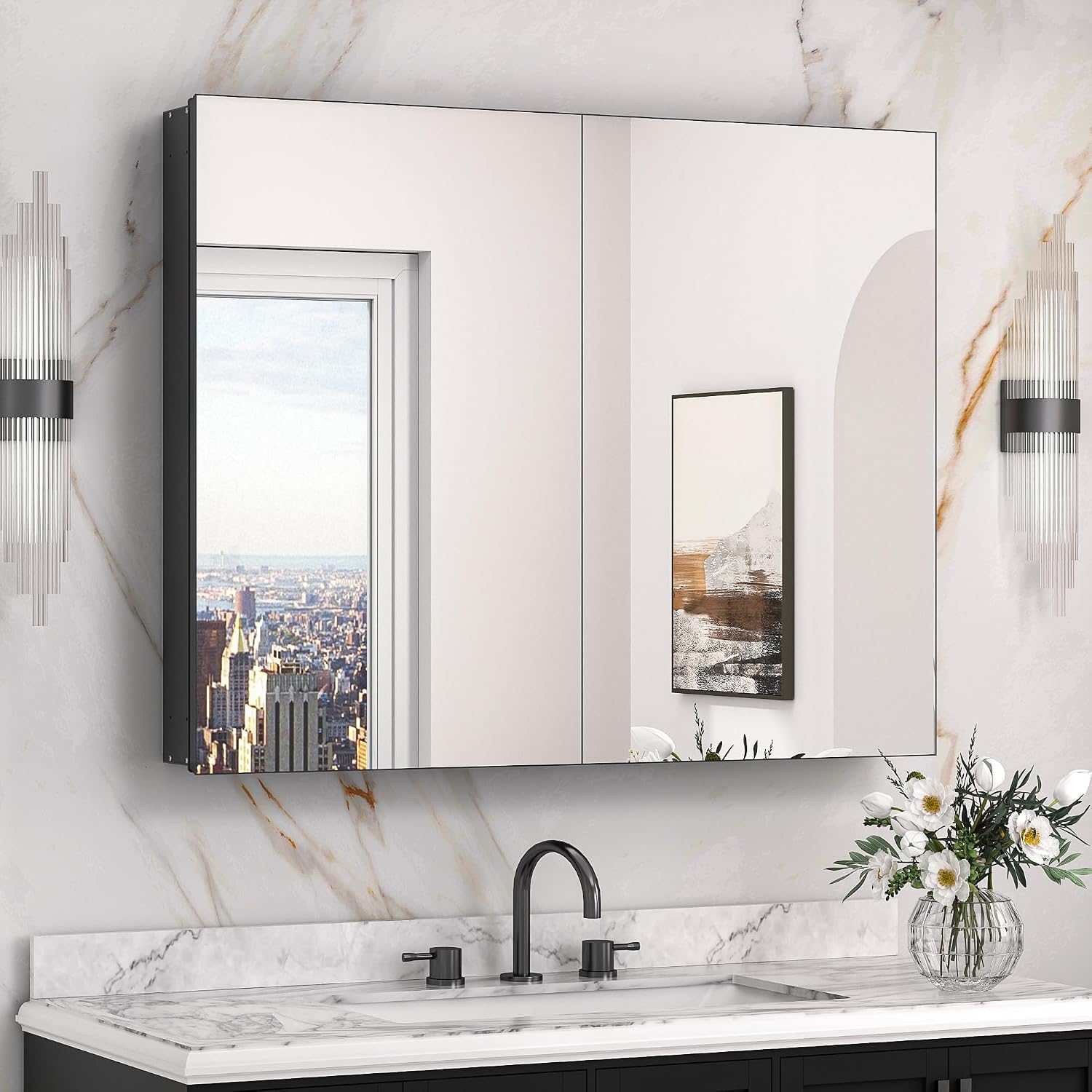 Black Medicine Cabinet with Mirror 20" x 26", Lightweight Aluminum