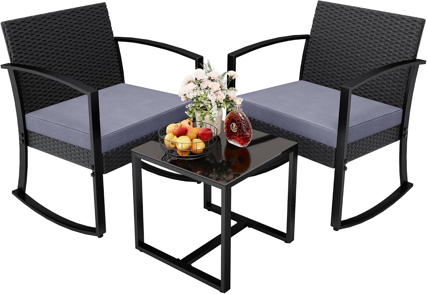 3 Pieces Outdoor Furniture Set, Patio Bistro Rocking Chairs with Glass Coffee Table for Pool, Beach, Backyard, Balcony, Porch, Deck, Garden, Black - Image 3