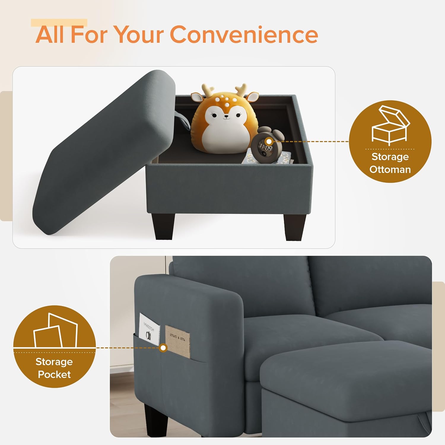 Convertible Sectional Sofa Couch,Classic 3 Seat L-Shaped Sofa with Movable Ottoman, Modern Dark Grey Velvet Fabric Upholstered Small Sectional Sofa Couch for Small Apartment Living Room Office - Image 7