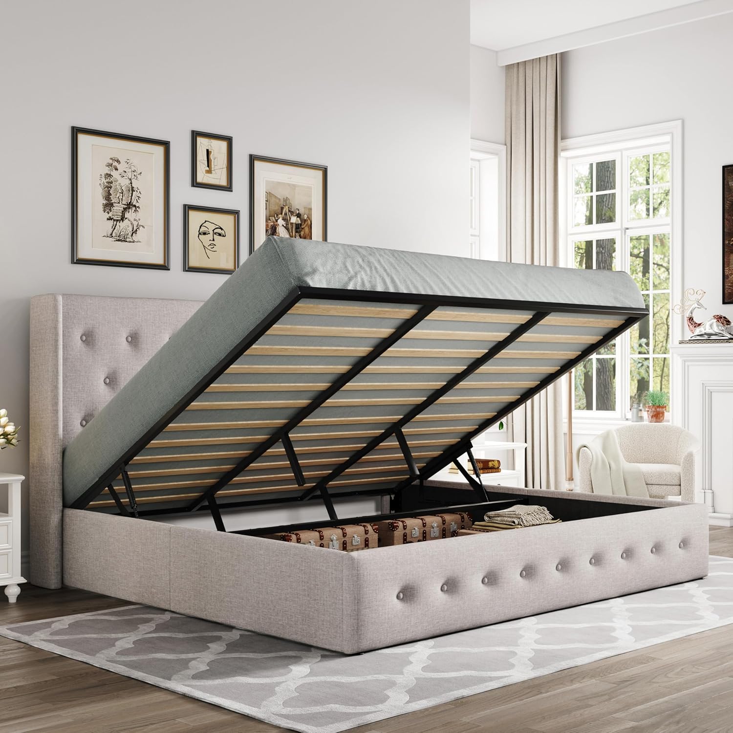 Queen Size Lift Up Storage Bed with Wingback Headboard, Upholstered Platform Bed Frame with Hidden Storage - Image 35