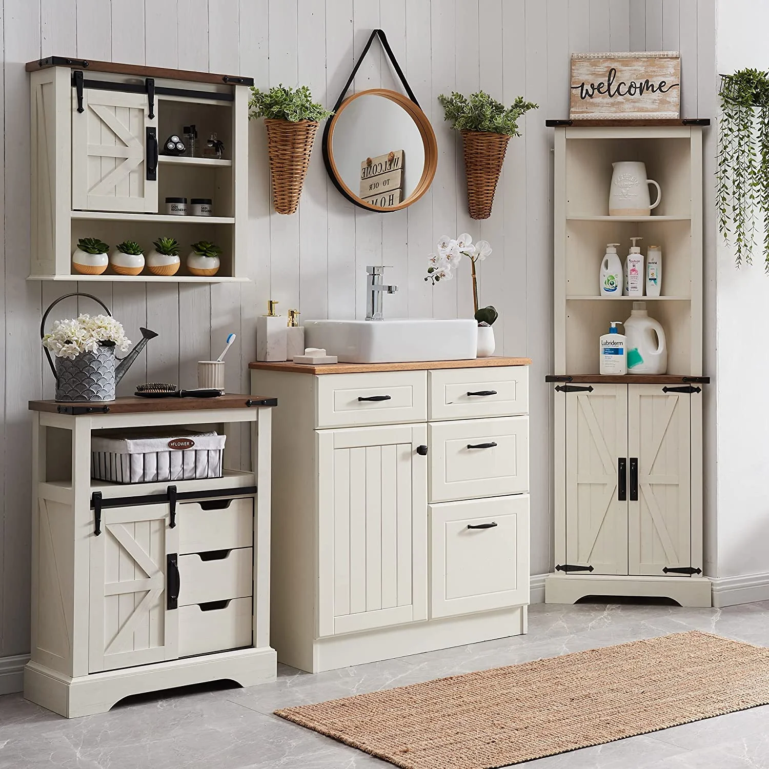 OKD Farmhouse Bathroom Storage Cabinet with 3 Drawers and Adjustable Shelves Wooden Rustic Accent Entryway Cupboard, Antique White - Image 2