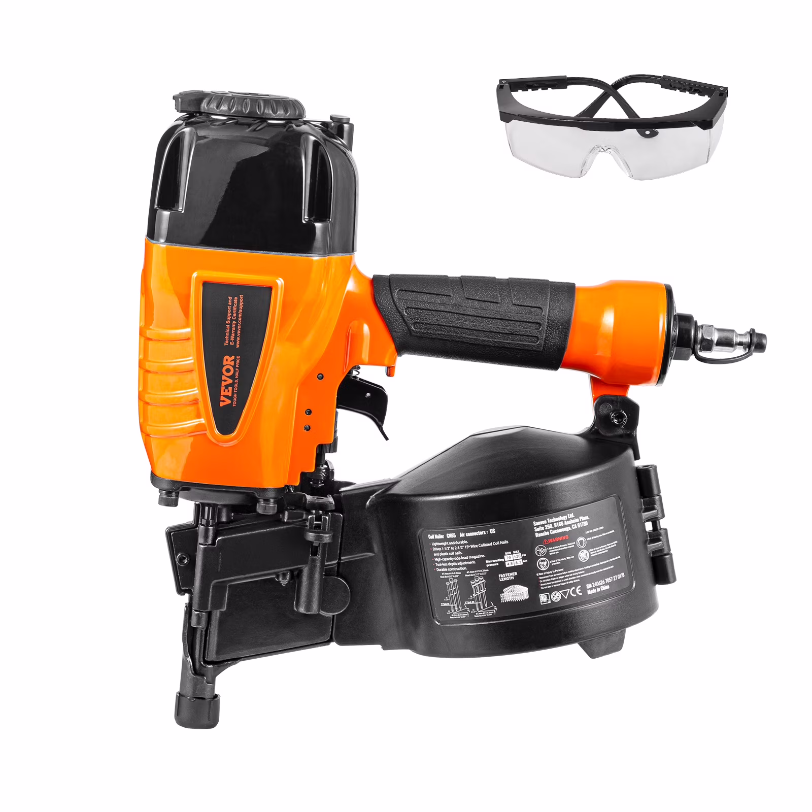 VEVOR Coil Siding Nailer CN65, 1-1/4" to 2-1/2" 15 Degree Pneumatic Siding Nail Gun with Tool-Less Depth Adjustment, 70-120PSI Air Coil Nailer for Siding, Pallet Sheathing, Wooding, Fencing