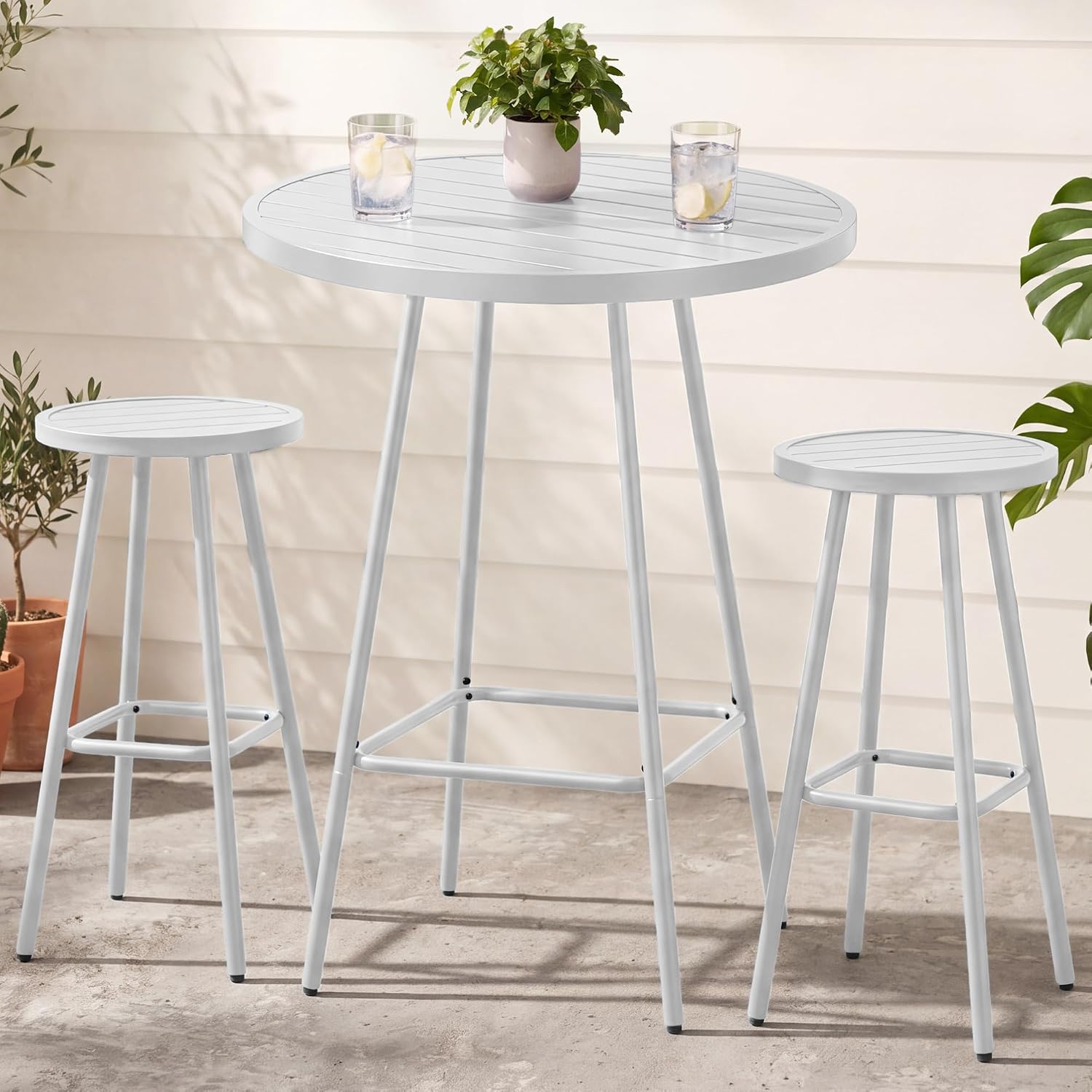 3-Piece Patio Dining Set, Bar Height, Outdoor Bistro Set, Outdoor Round Bar Table w/ 2 Bar Stools, Steel - White - Image 5