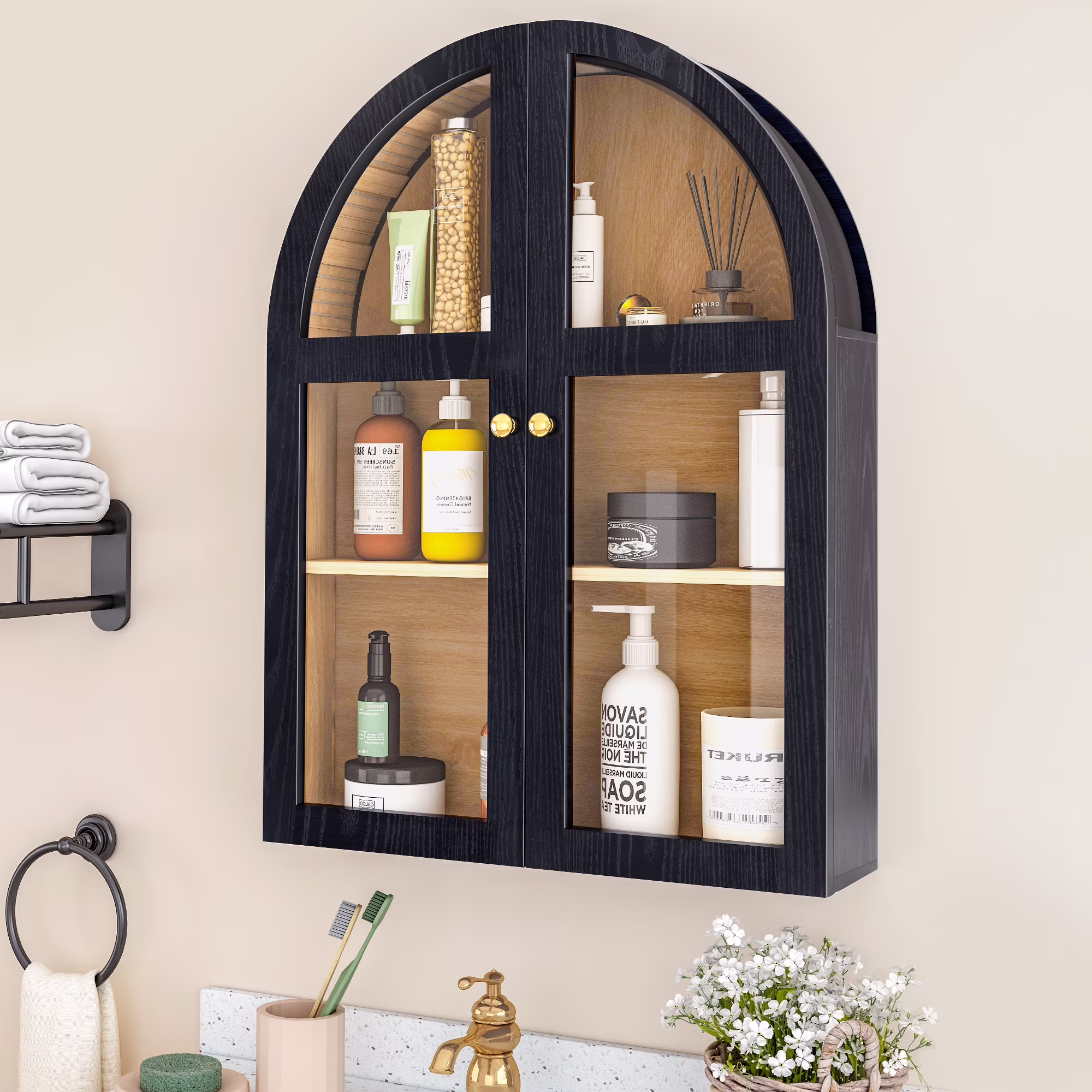 LEFHDA Arched Wall Cabinet with Glass Door, Black Open Storage Cabinet, Hanging Bathroom Shelf, Modern Wall Bathroom Cabinet with Adjustable Shelf Gold Metal Handles