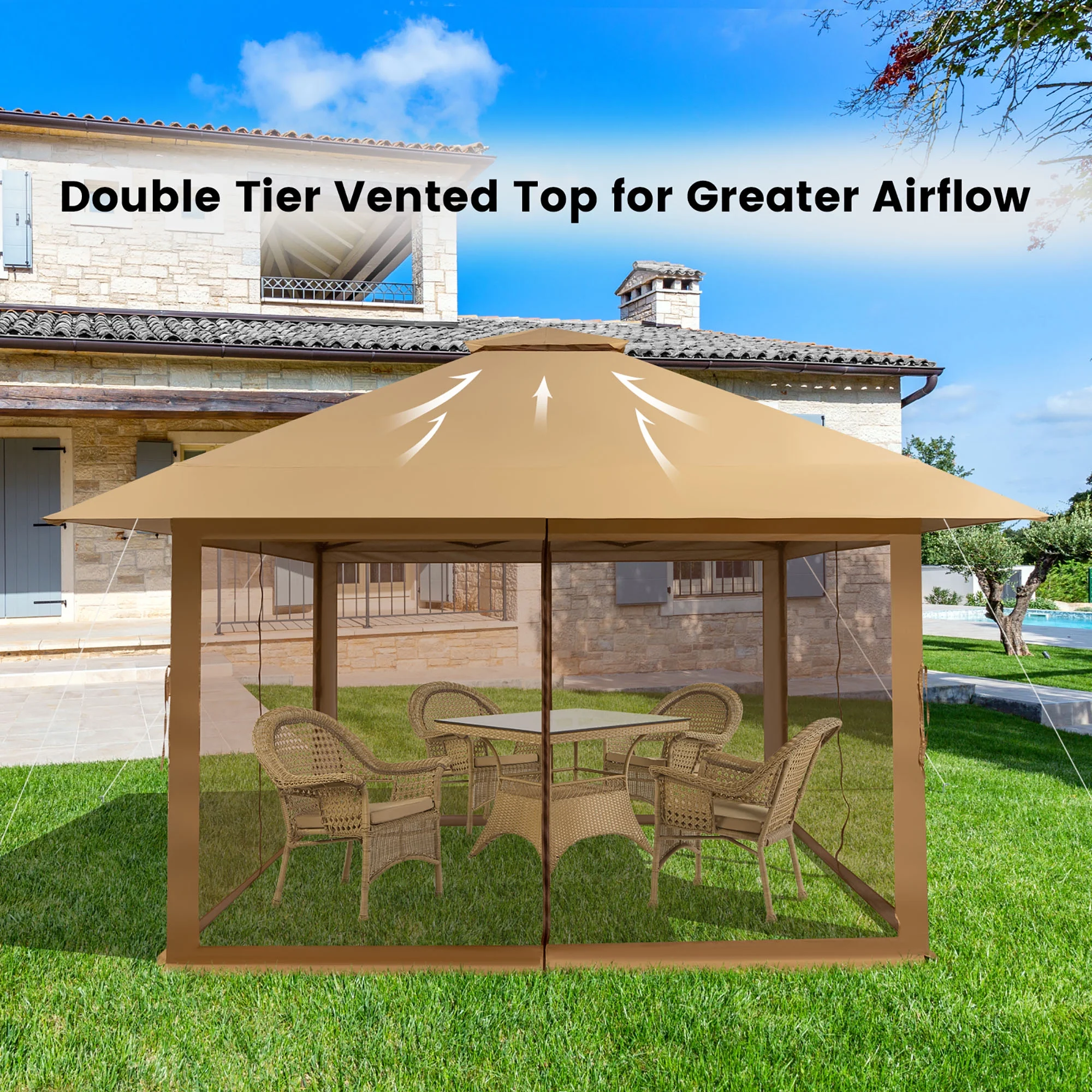 Costway 13x13ft Pop-up Instant Canopy Tent Mesh Sidewall UV50+ Adjust Outdoor Patio Khaki - Image 2