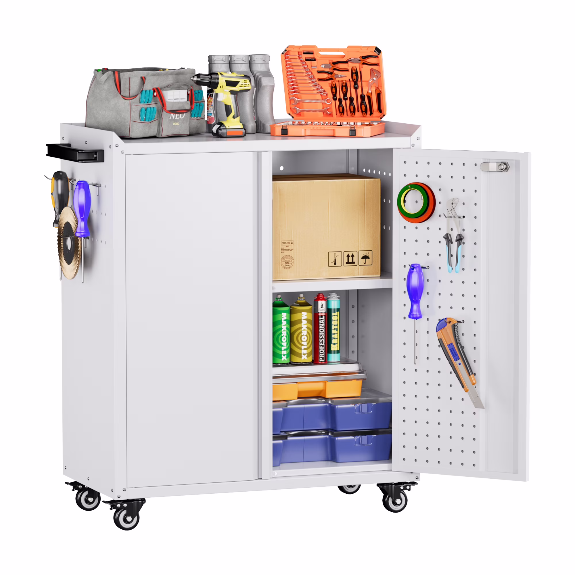 SUXXAN Metal Rolling Cabinet with 2 Swing Doors, Adjustable Shelve, Storage Tool Chest for Garage Utility Room, White
