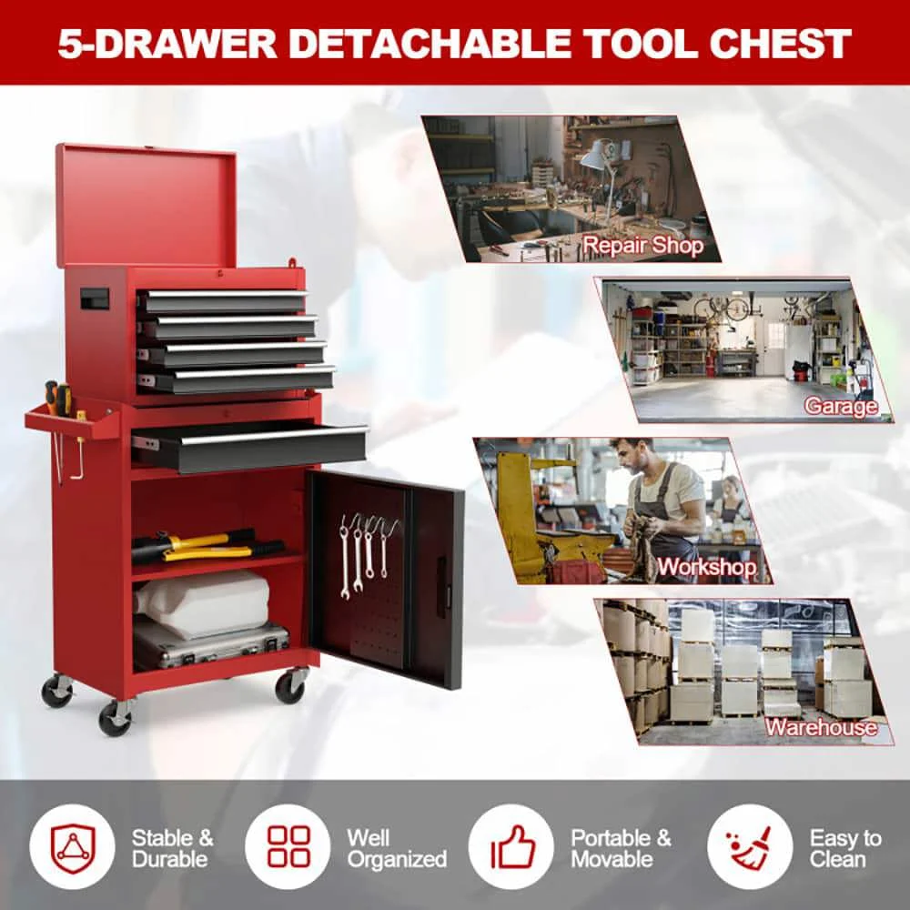 Demifill 2-in-1 Tool Chest and Cabinet with 5 Sliding Drawers, Large Storage Space and Detachable Design, Red - Image 19