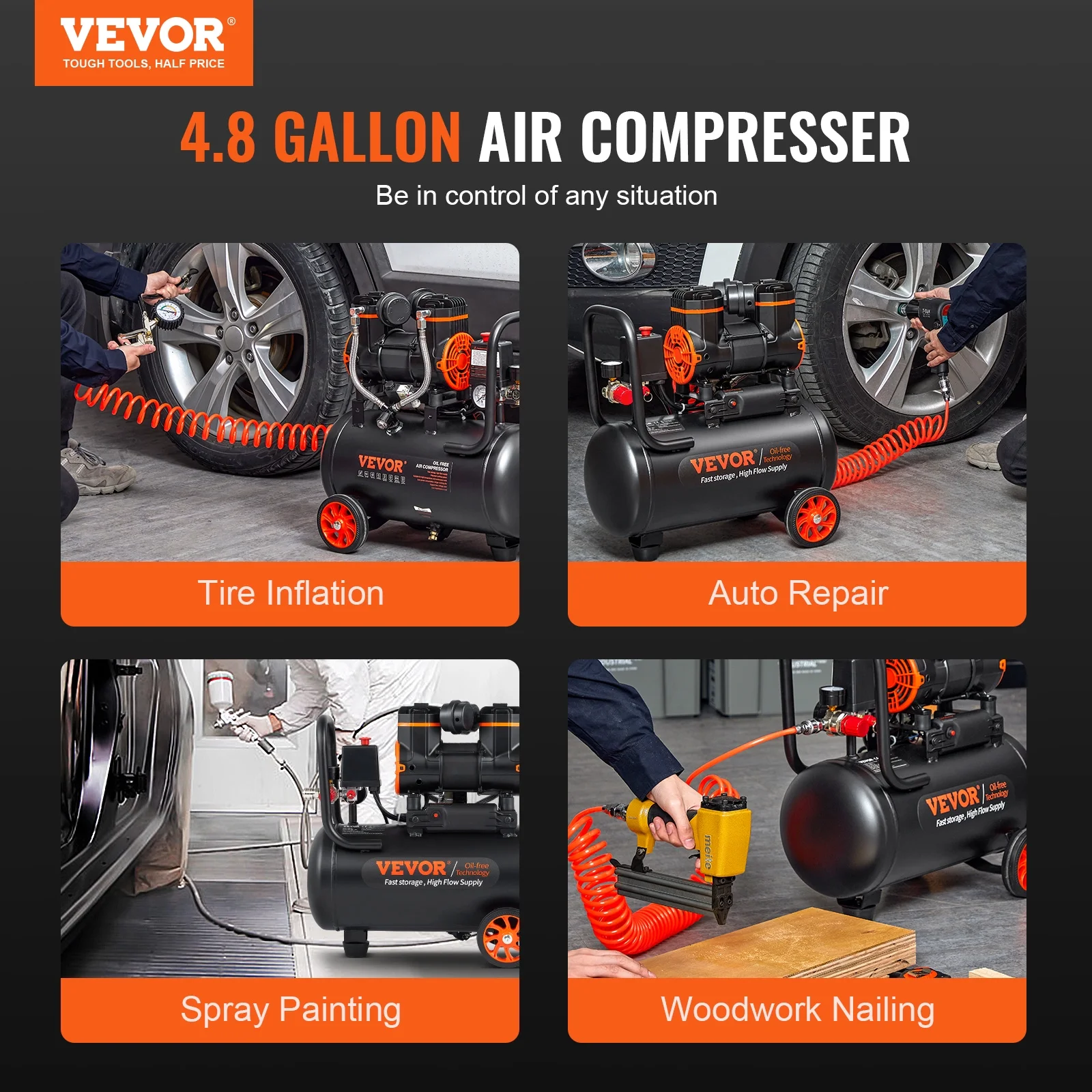 VEVOR 4.8 Gallon Air Compressor, 1.2HP 2.2 CFM@90PSI Oil Free Air Compressor Tank & Max. 116PSI Pressure, 70 dB Ultra Quiet Compressor for Auto Repair,Tire Inflation,Spray Painting,Woodwork Nailing - Image 6