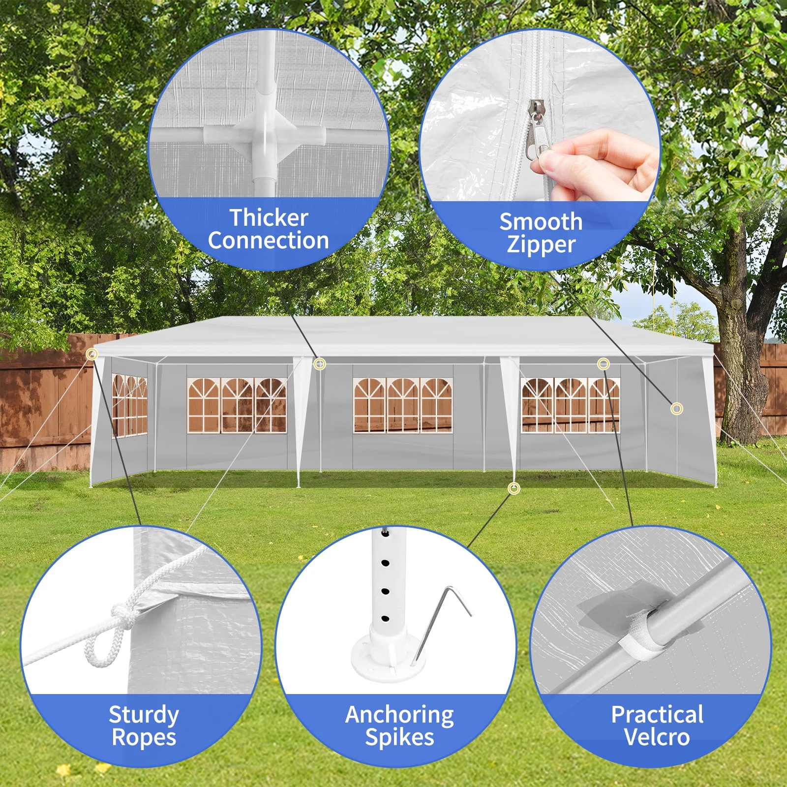 10'x30' Outdoor Party Tent with 8 Removable Sidewalls, Waterproof White Canopy Wedding Gazebo for Backyard, Patio, Camping & Events - Image 5