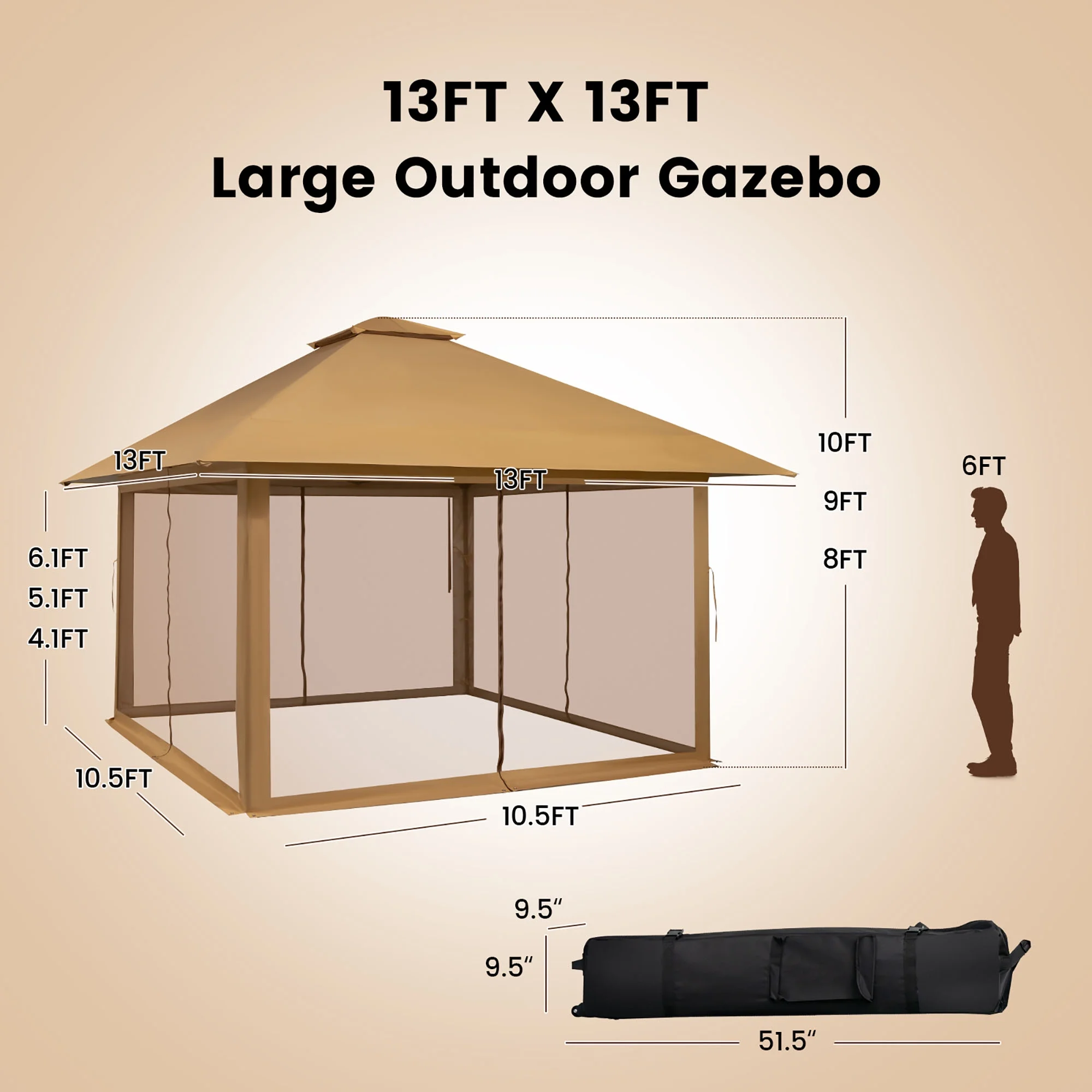 Costway 13x13ft Pop-up Instant Canopy Tent Mesh Sidewall UV50+ Adjust Outdoor Patio Khaki - Image 4