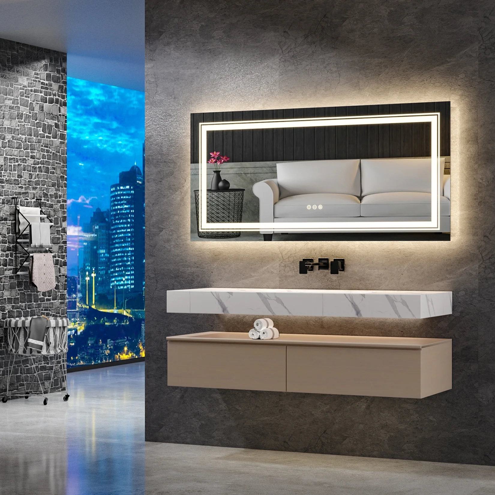 Extra Large LED Lighted Bathroom Mirror, Anti-Fog Wall Mounted Vanity Mirror with 3 Colors - Image 27