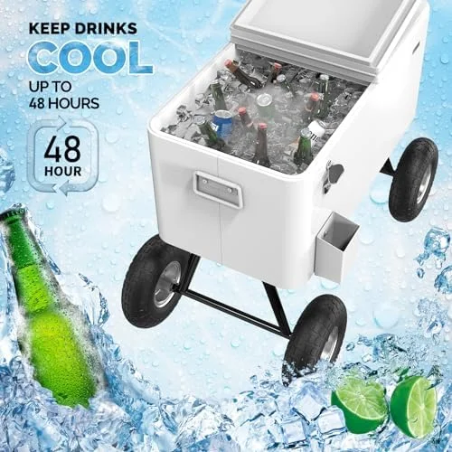 80 Quart Wagon Rolling Cooler Ice Chest, /Long Handle and 10" Wheels, Portable Beach Patio Party Bar Cold Drink Beverage, Outdoor Park Cart on Wheels - Image 2