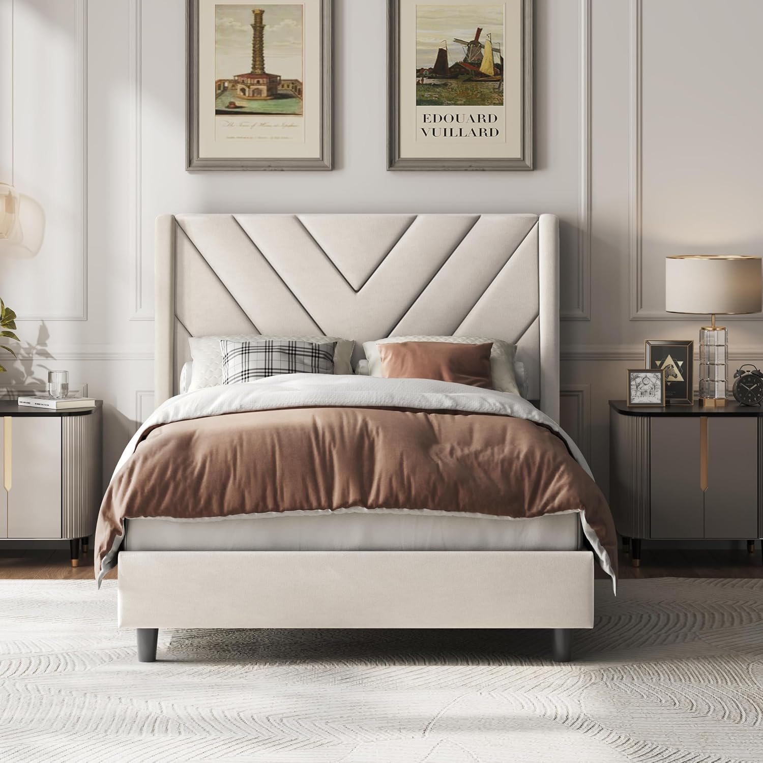 Twin Bed Frame with Chevron Channel-Tufted Headboard, Light Gray - Image 4