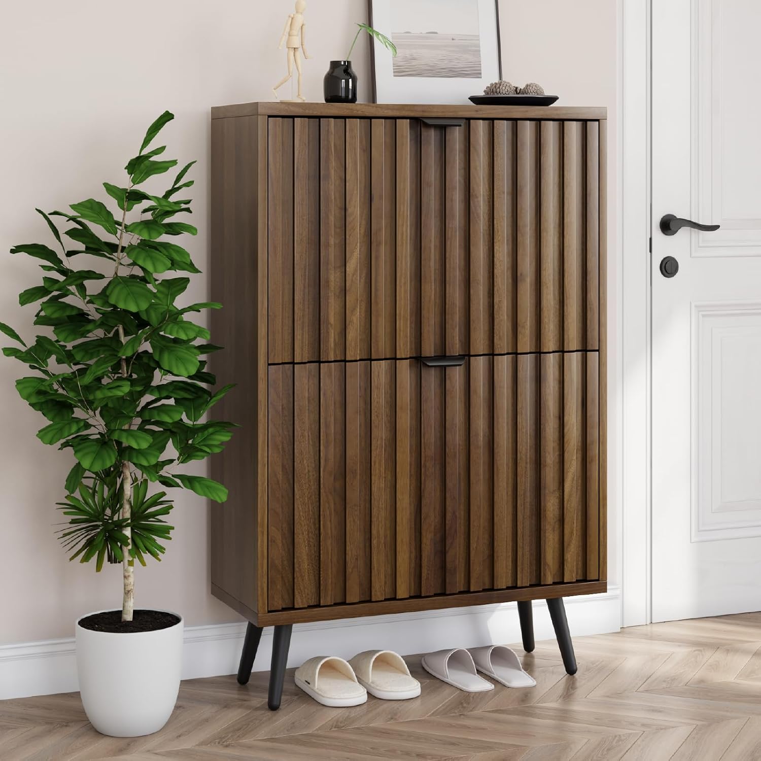 Shoe Cabinet with 2 Flip Drawers, 23.6" Natural Hidden Shoe Storage Cabinet with Fluted Design, Freestanding Shoe Organizer Cabinet for Entryway, Hallway, Closet, Living Room - Image 7