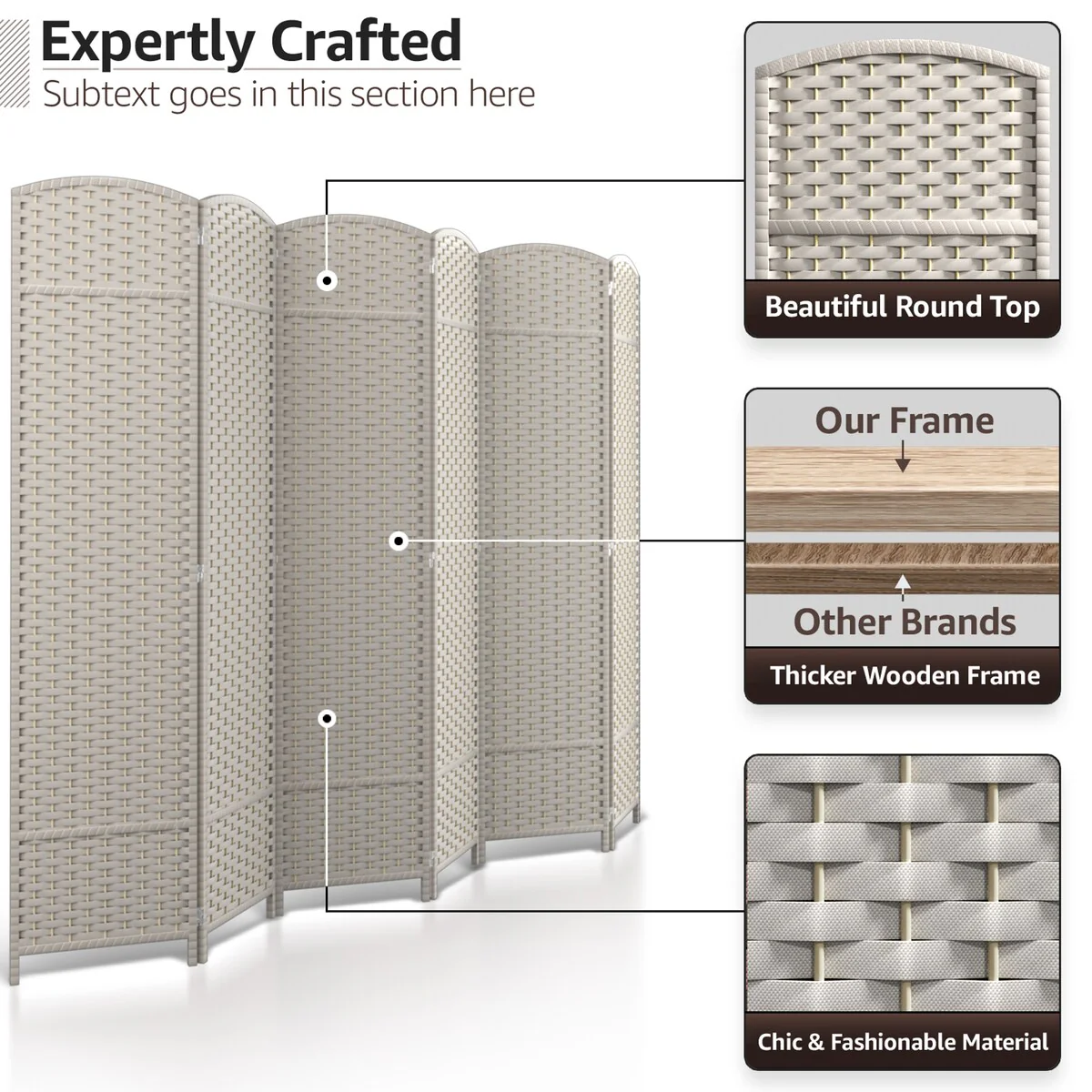 6 Panel Room Divider, 6ft Tall Extra Wide Folding Privacy Screen with Hand-Woven Mesh Panels - Image 4