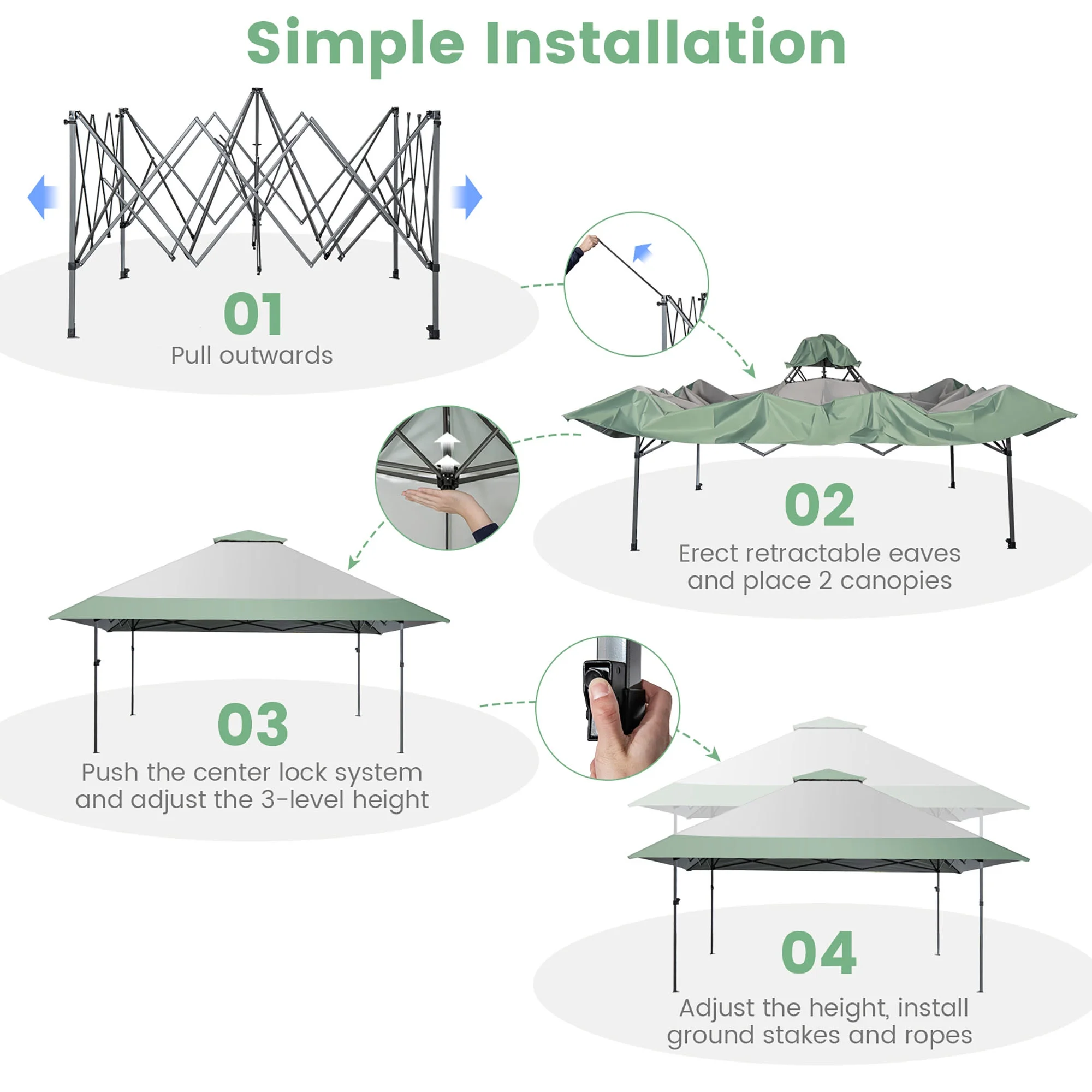 Gymax 13'x13' Outdoor Patio Pop Up Canopy Tent Sun Protection w/ Wheeled Bag Green & Grey - Image 4