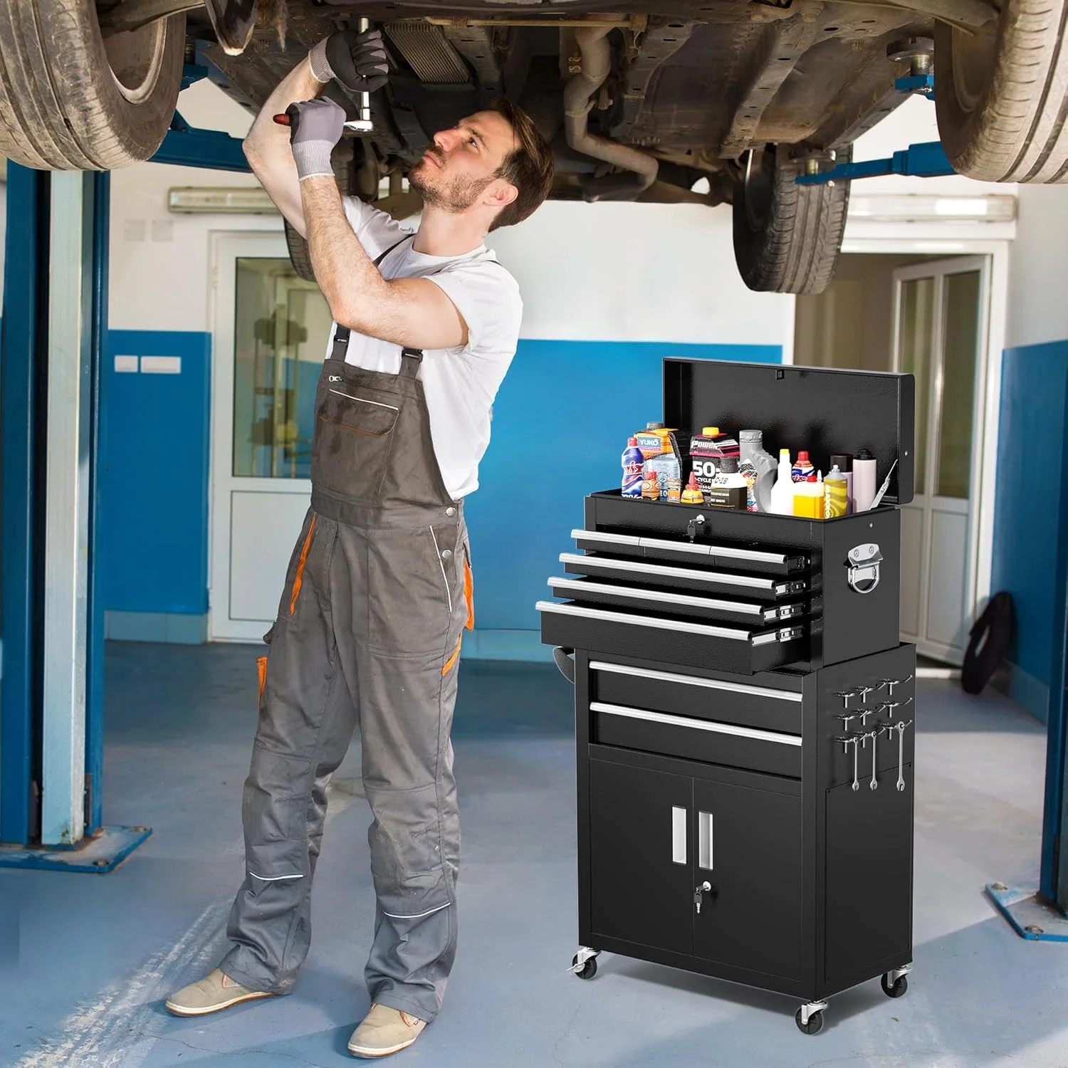 SUNCROWN 2-IN-1 Tool Chest, 8-Drawer Rolling Tool Chest with Hooks and Lockable Wheels,Metal Storage Detachable Top Tool Box with Lockable Wheels for Garage, Workshop, Art Studio(Black) - Image 12