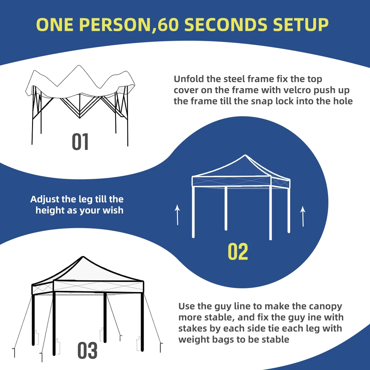 10x10 Pop Up Canopy Tent With Durable Silver Coated Cover And Adjustable Slant Legs, Easy Setup Outdoor Patio Instant Sun Shelter - Blue, Included 1 x Storage Carry Bag, 4 x Guylines, 8 x Stakes - Image 10