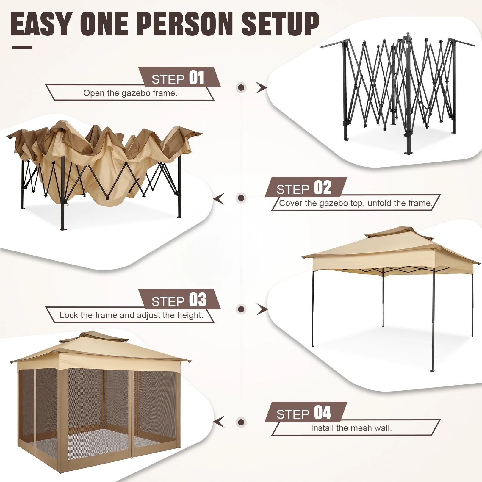 COBIZI 11x11 Pop up Gazebo Outdoor Canopy Gazebo Patio Gazebo with Mosquito Netting Canopy Shelter with 121 Square feet of Shade for Poolside, Garden, Party and Backyard, Khaki - Image 13