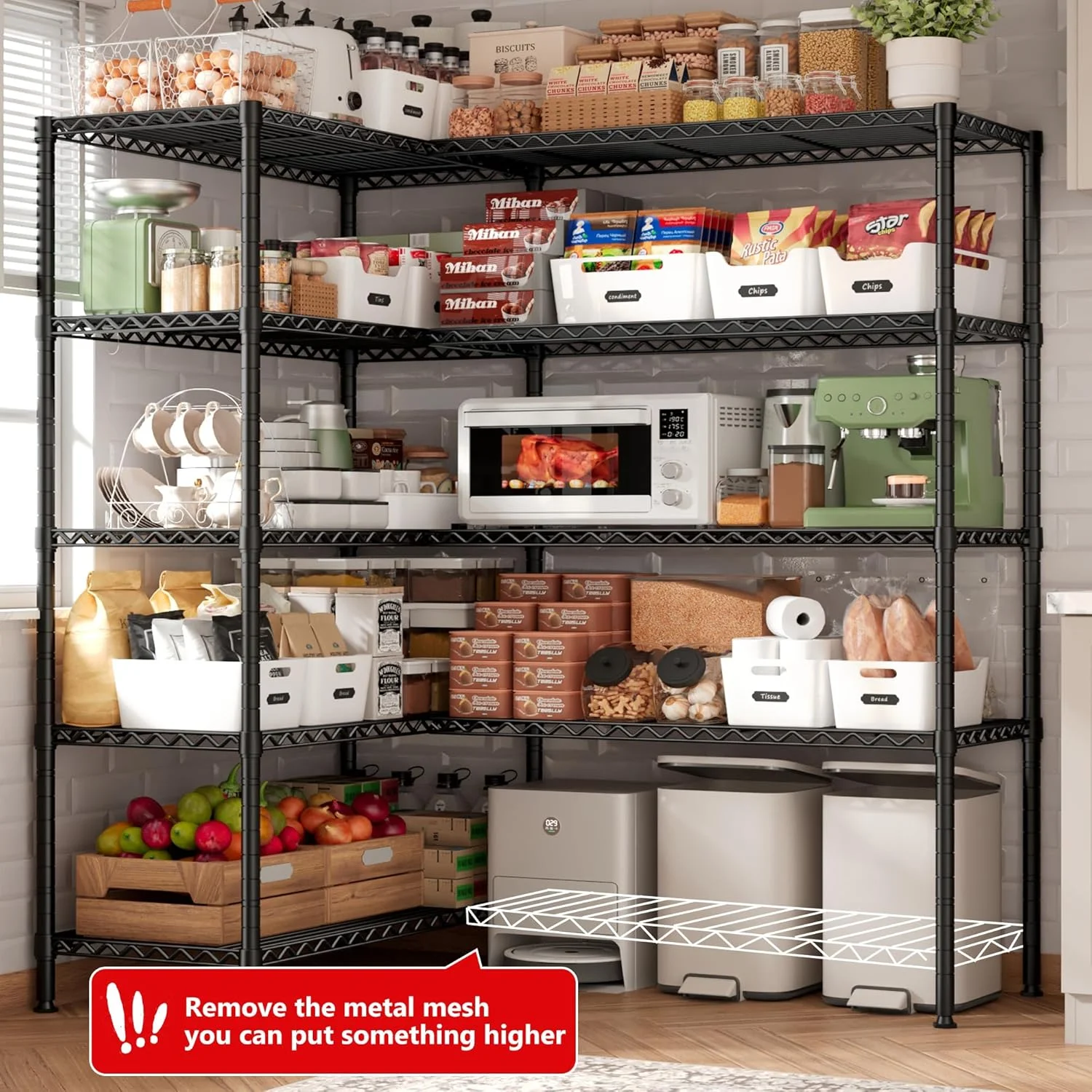 Legooin 72"H Extra-wide Metal Shelves 60"W Storage Rack for Pantry Office Garage Capacity 1500LBS Adjustable Corner Shelving Unit, Black - Image 2