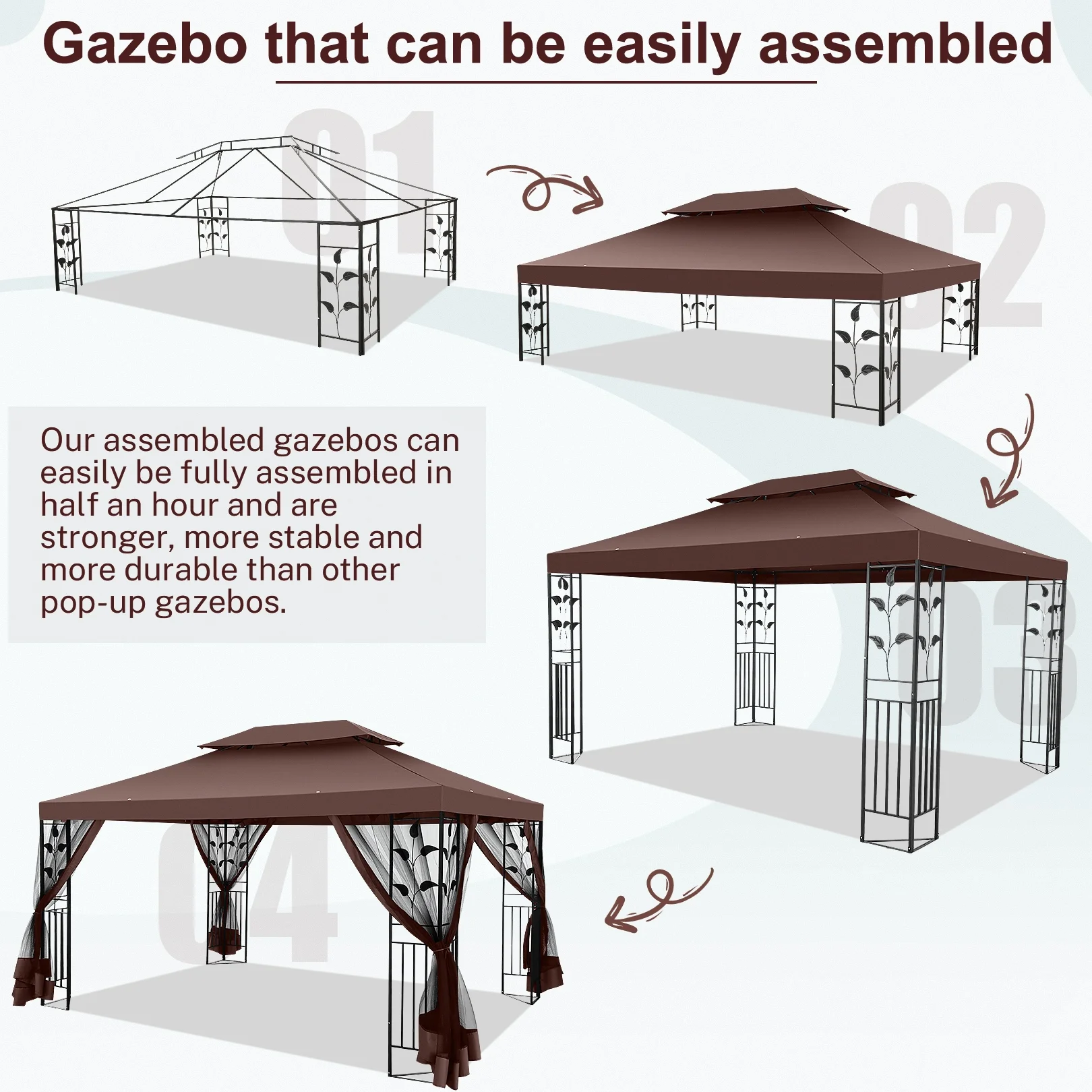 SANOPY 10'x13.3' Metal Patio Gazebo, Outdoor Gazebo Canopy Tent for Backyard with Mesh Curtains, Gazebos Shelter with Display Shelves, Steel Frame, Patio Covers for Tailgate - Image 2