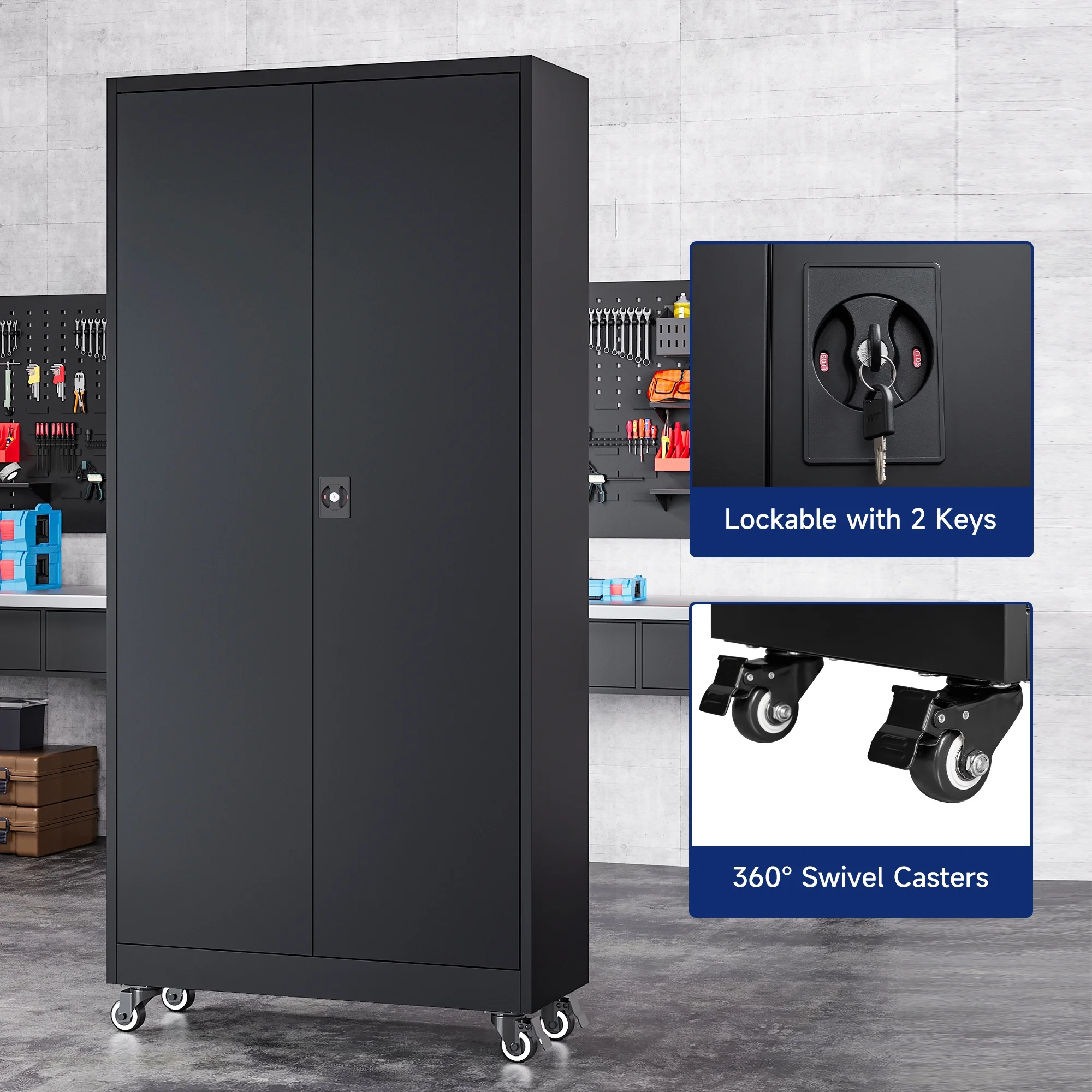 AUHUP Metal Storage Cabinet with Wheels, 73" Rolling Garage Storage Cabinets with 4 Adjustable Shelves & Locking Doors,Black Tool Cabinet for Garage,Home,Warehouse,Workshop - Image 8