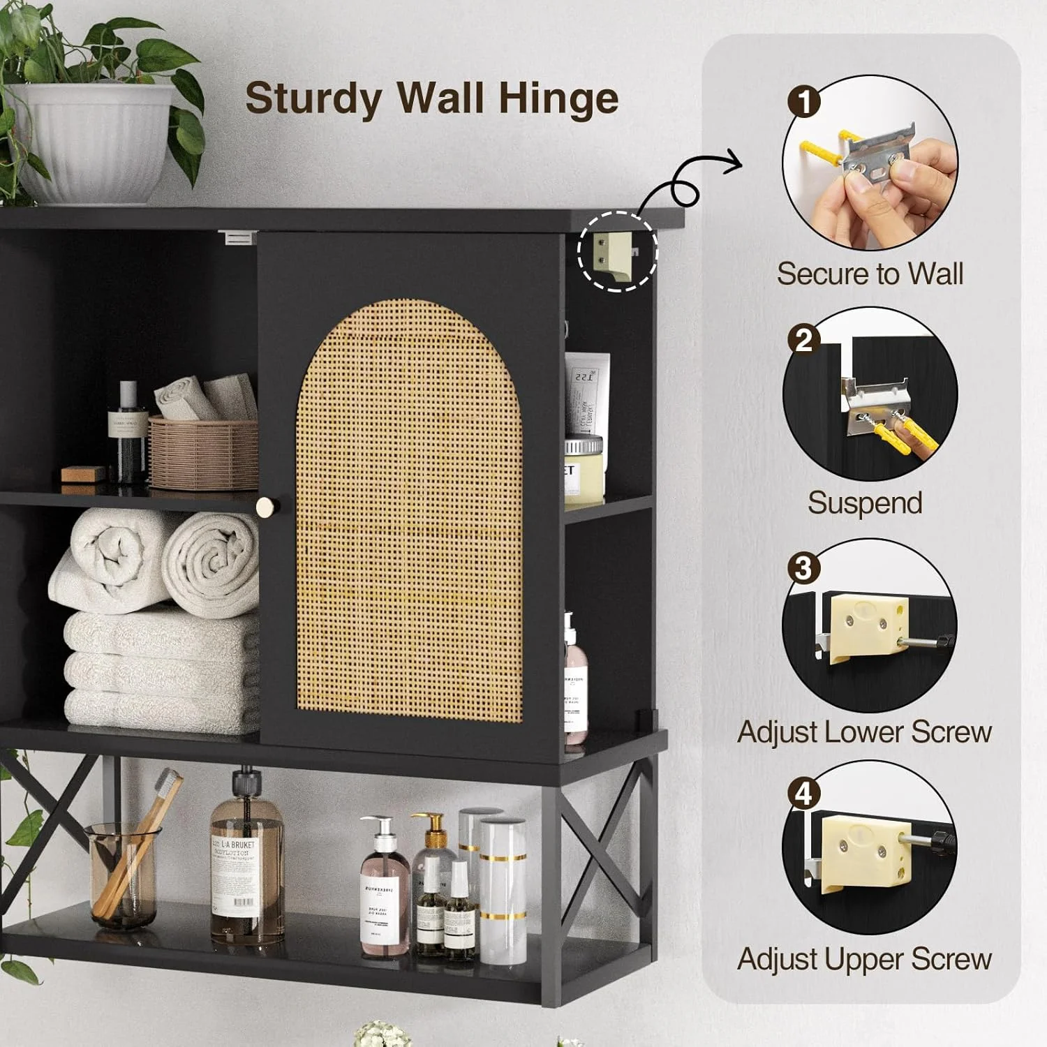 VEANERWOOD Rattan Bathroom Wall Storage Cabinet with Double Doors and Adjustable Shelves, Medicine Wall Storage Cabinet for Kitchen, Toilet, Bathroom - Image 13