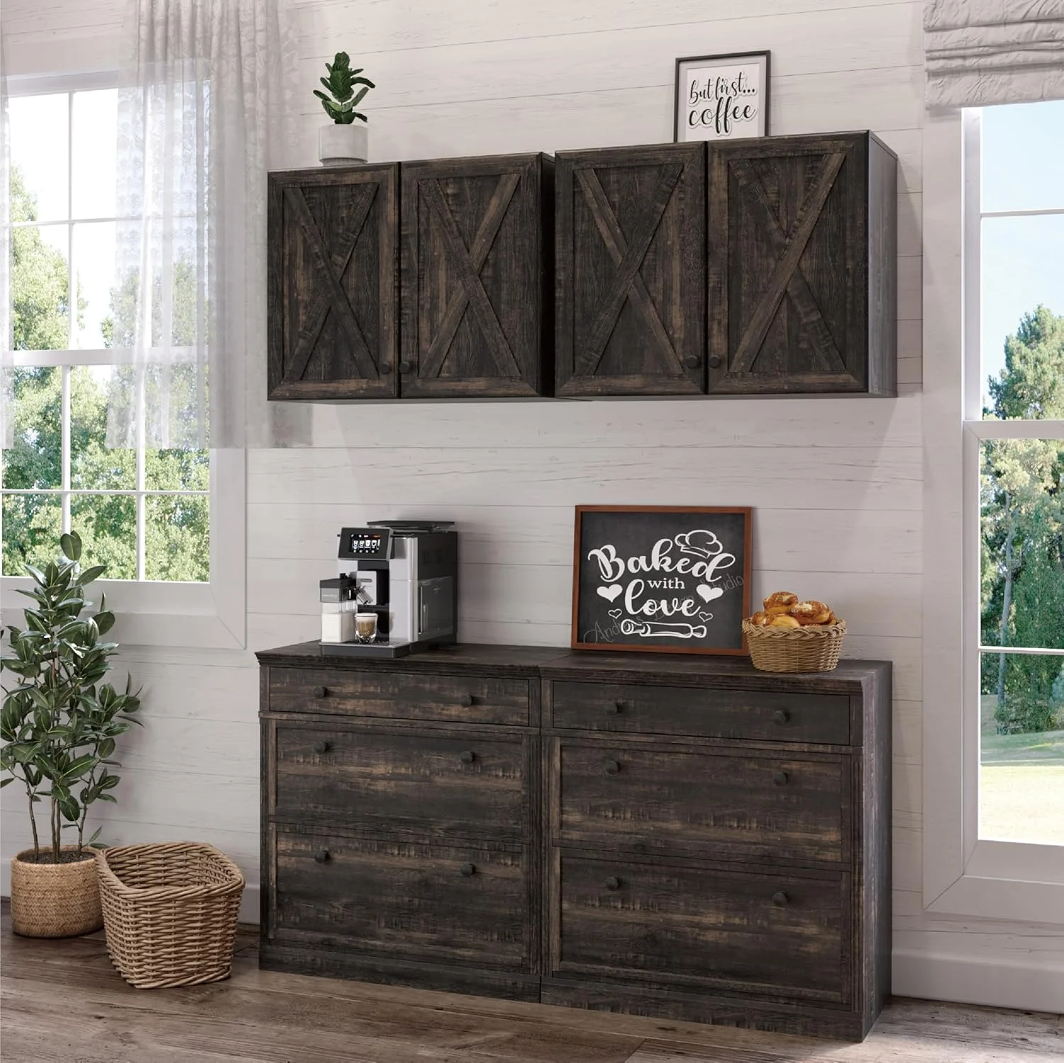 Wall Storage Cabinets - Farmhouse Kitchen Laundry White Wall Mounted Cabinets with 3 Doors and Shelves, 35inch Wide - Image 16