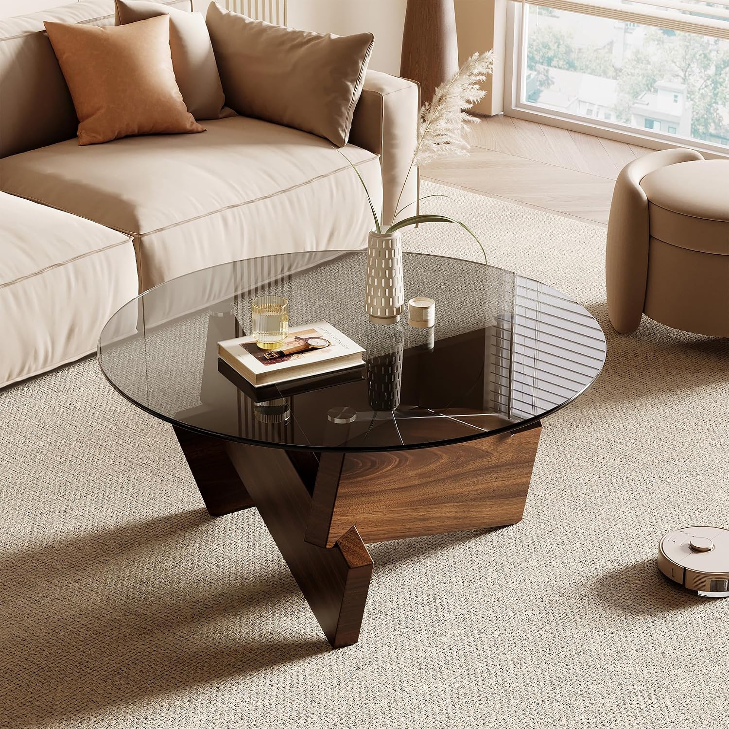 Modern Round Coffee Table, 30.7" x 30.7" x 16.1" Tempered Glass Top for Living Room, Color: Walnut - Image 3
