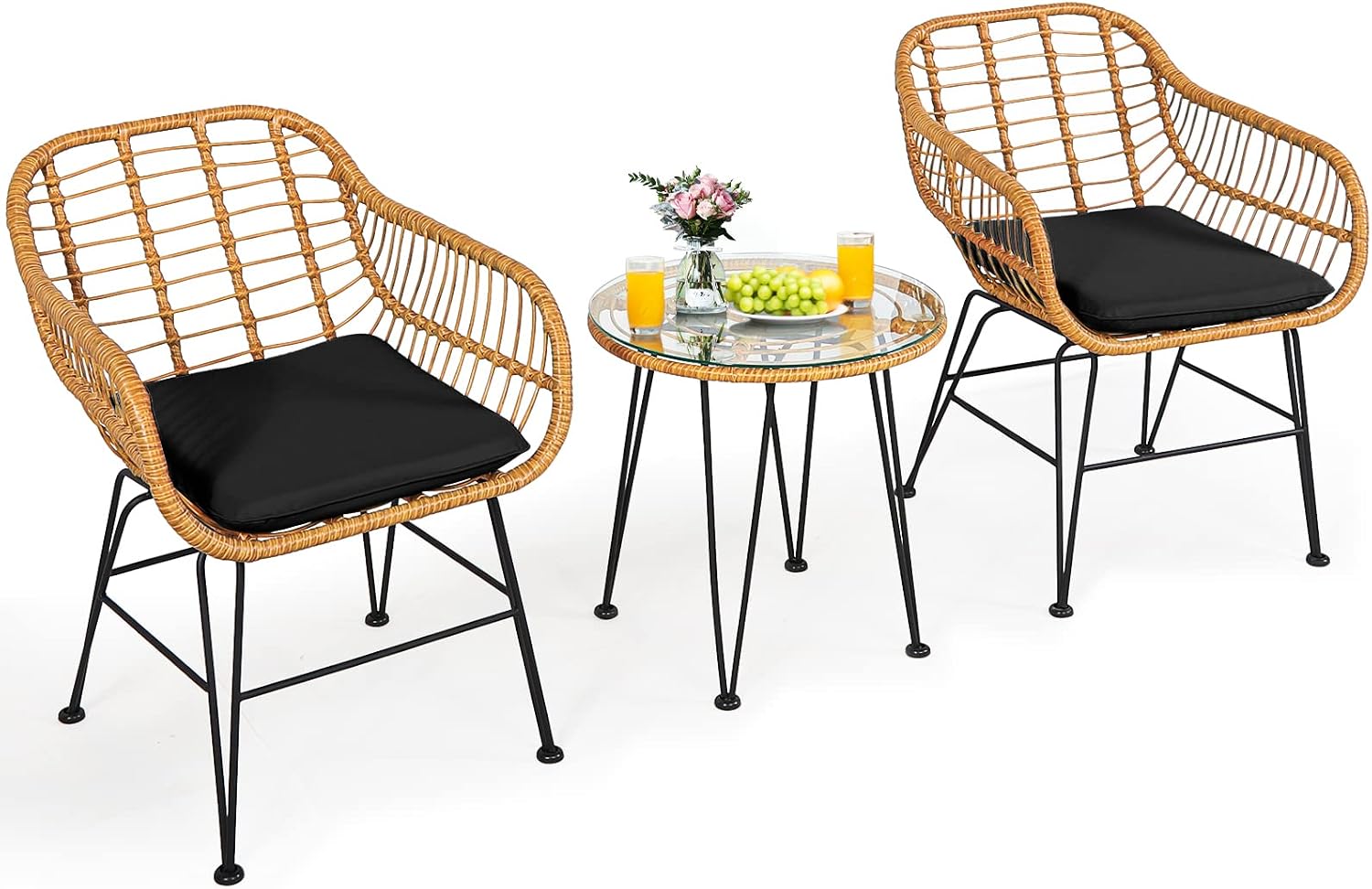 3 Pieces Patio Bistro Set, Rattan Conversation Set with 2 Cushioned Armchairs & Round Glass Coffee Table, Indoor Outdoor Wicker Furniture Set for Balcony, Backyard, Garden, Poolside - Image 3