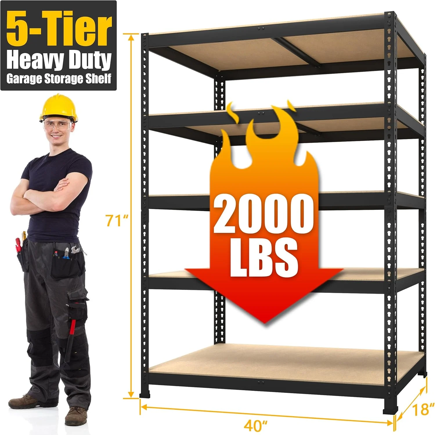 PrimeZone 40" W x 18" D x 71" H Heavy Duty Storage Shelves, 5 Tier Adjustable Garage Storage Shelving, Metal Shelving Unit Utility Rack Shelf for Warehouse Pantry Closet Kitchen, Black - Image 3