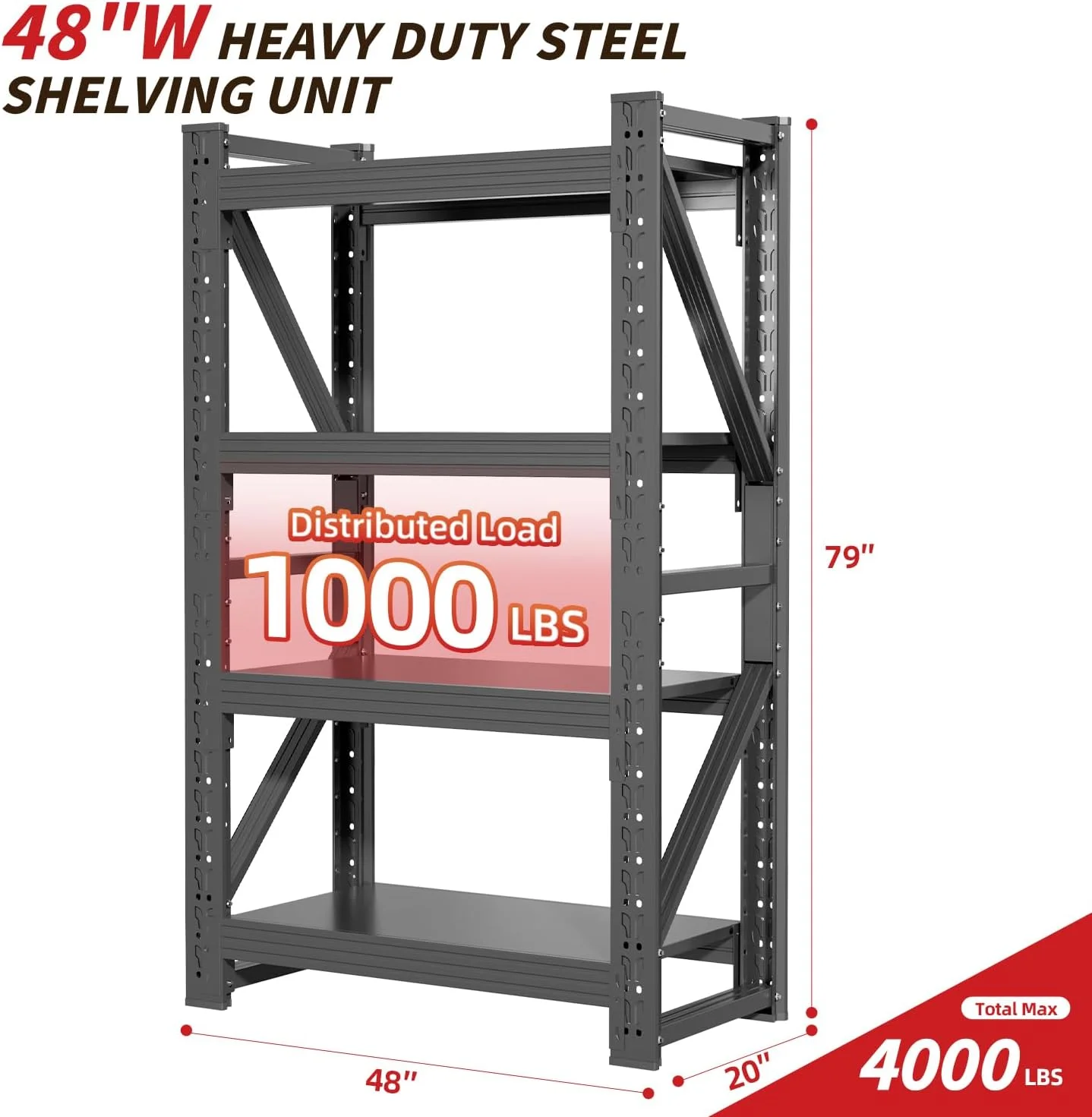 59" W Garage Shelving,5-Tier Heavy Duty Shelving Unit,3000LBS Adjustable Metal Storage Shelves,Storage Rack Units for Industrie,Shed,Warehouse,Basement,Black,59" W x 20" D x 72" H - Image 12