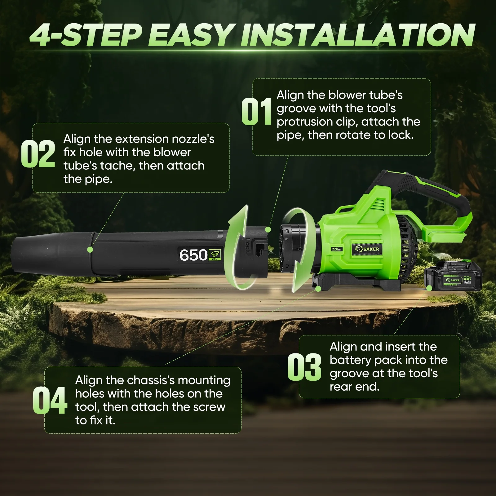 Saker Cordless Leaf Blower with 2x 5.2Ah Batteries, 650CFM, 150MPH, 3 Speed Levels, Electric Leaf Blower for Lawn Care, Leaves Blowing, Patio Cleaning - Image 5