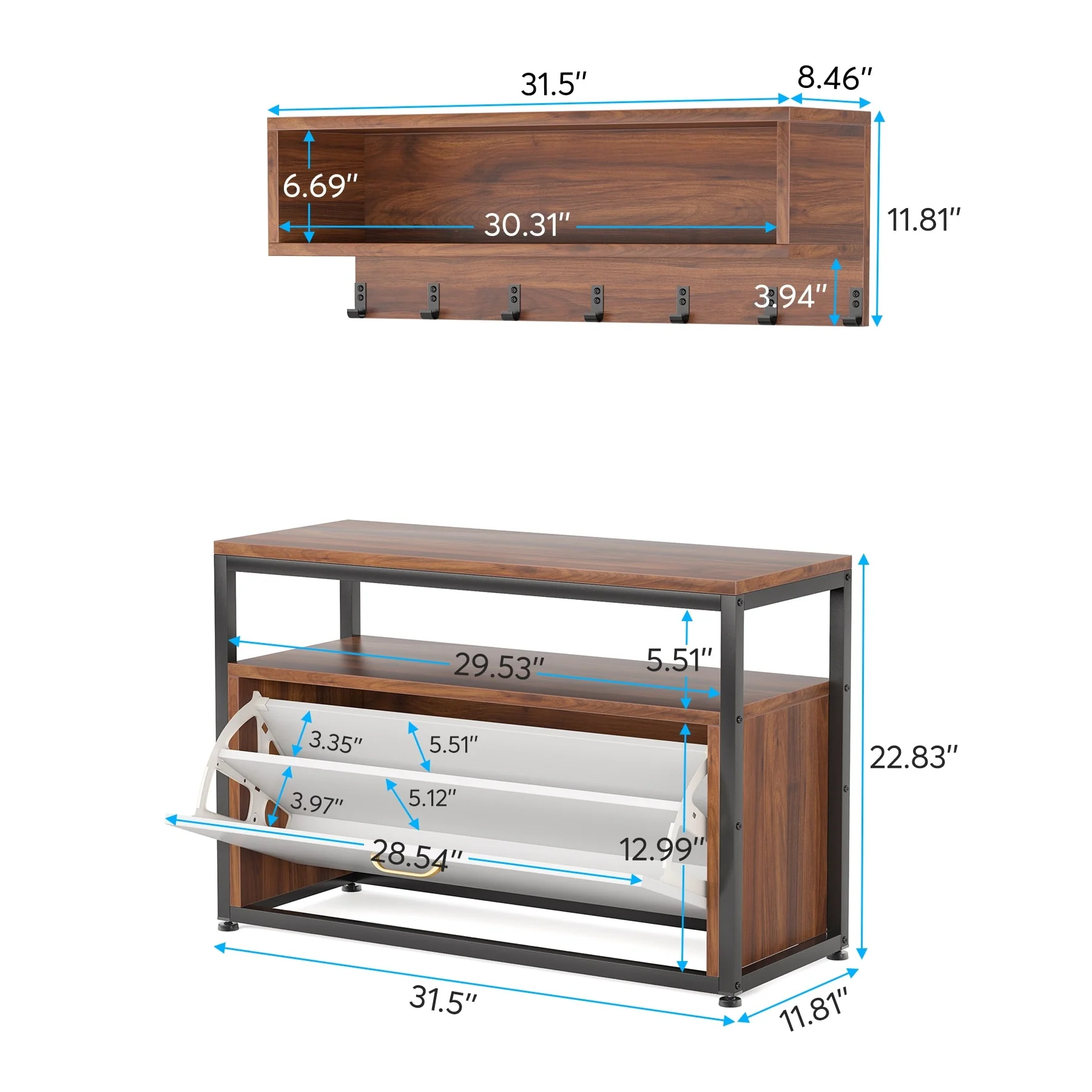 Entryway Coat Rack and Shoe Bench Set, Industrial Hall Tree with Coat and Shoe Storage - Image 20