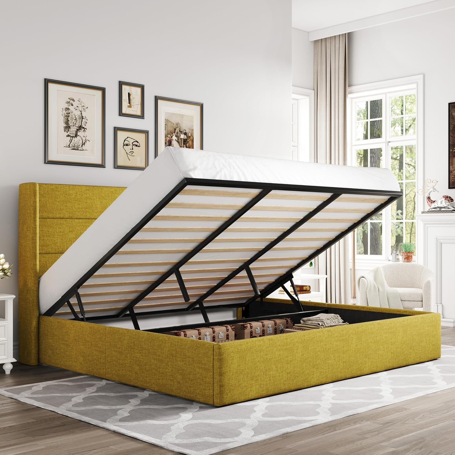 Queen Size Lift Up Storage Bed with Wingback Headboard, Upholstered Platform Bed Frame with Hidden Storage - Image 31