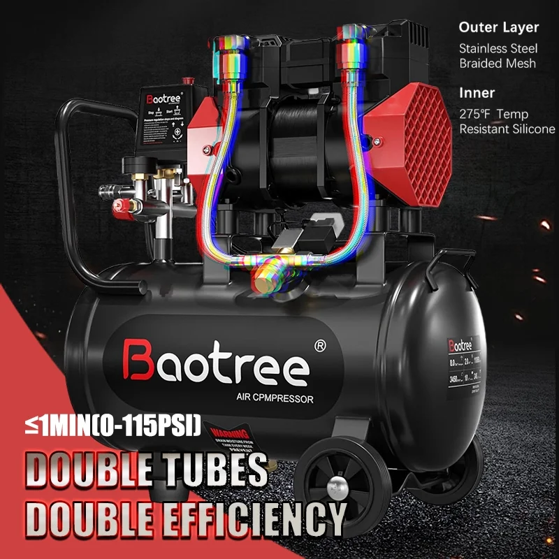 Datingday Ultra Quiet Air 8 Gallon 1.6HP Compressor with Two Quick Couplers & Wheels,Fast 60-Second Inflation & Auto Safety Features ,Max 115 PSI Oil-Free Air Compressor Tank for Home/Commercial Use - Image 10