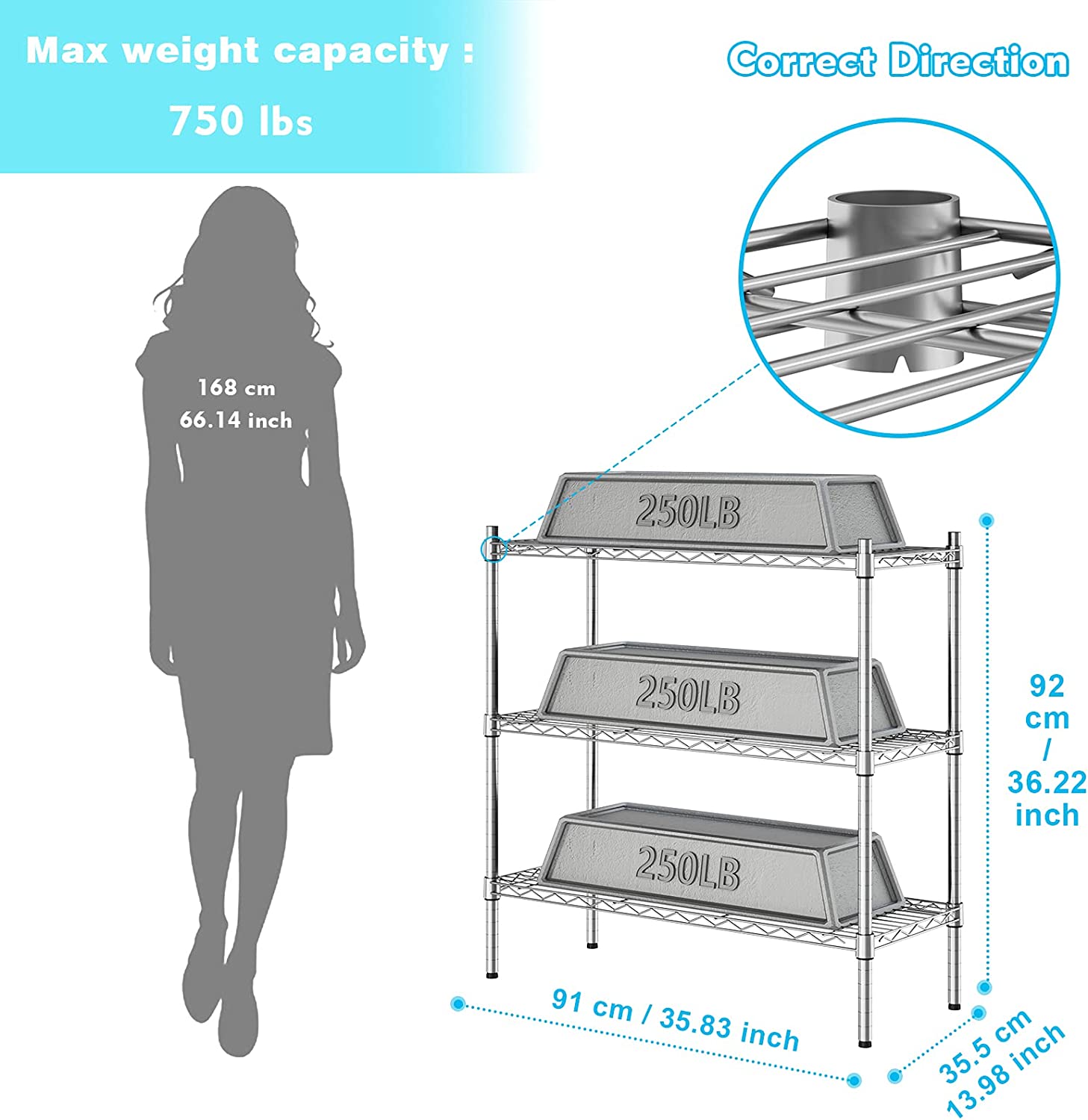 3-Shelf Storage Wire Shelves Heavy Duty 3 Tiers Standing Shelving Units Adjustable Metal Organizer Wire Rack, Chrome - Image 3