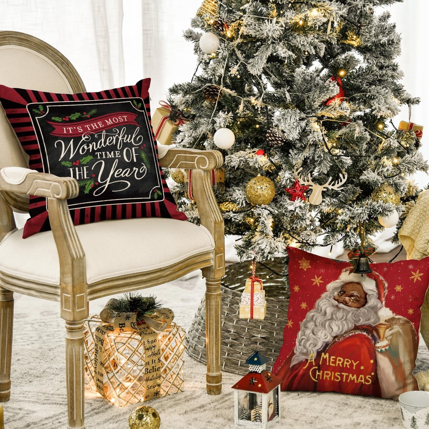 Artoid Mode Merry Christmas Santa Claus Angel Girl Xmas Pillow Covers 4-Pack 18 x 18 Red Black Square Decorative Winter Farmhouse Outdoor Throw Pillow Case - Image 3