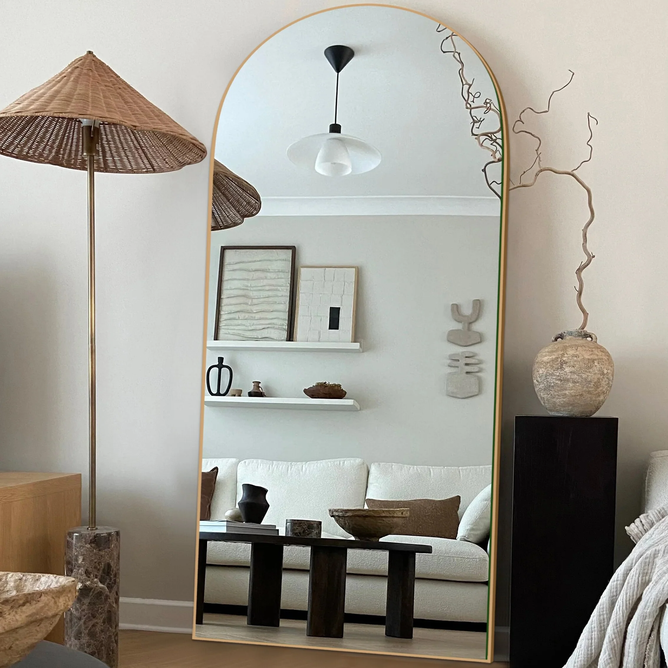 Arched Full Length Wood Floor Mirror, Full Body Standing and Wall Mounted Mirror for Bedroom, Living Room and Home Decor - Image 64
