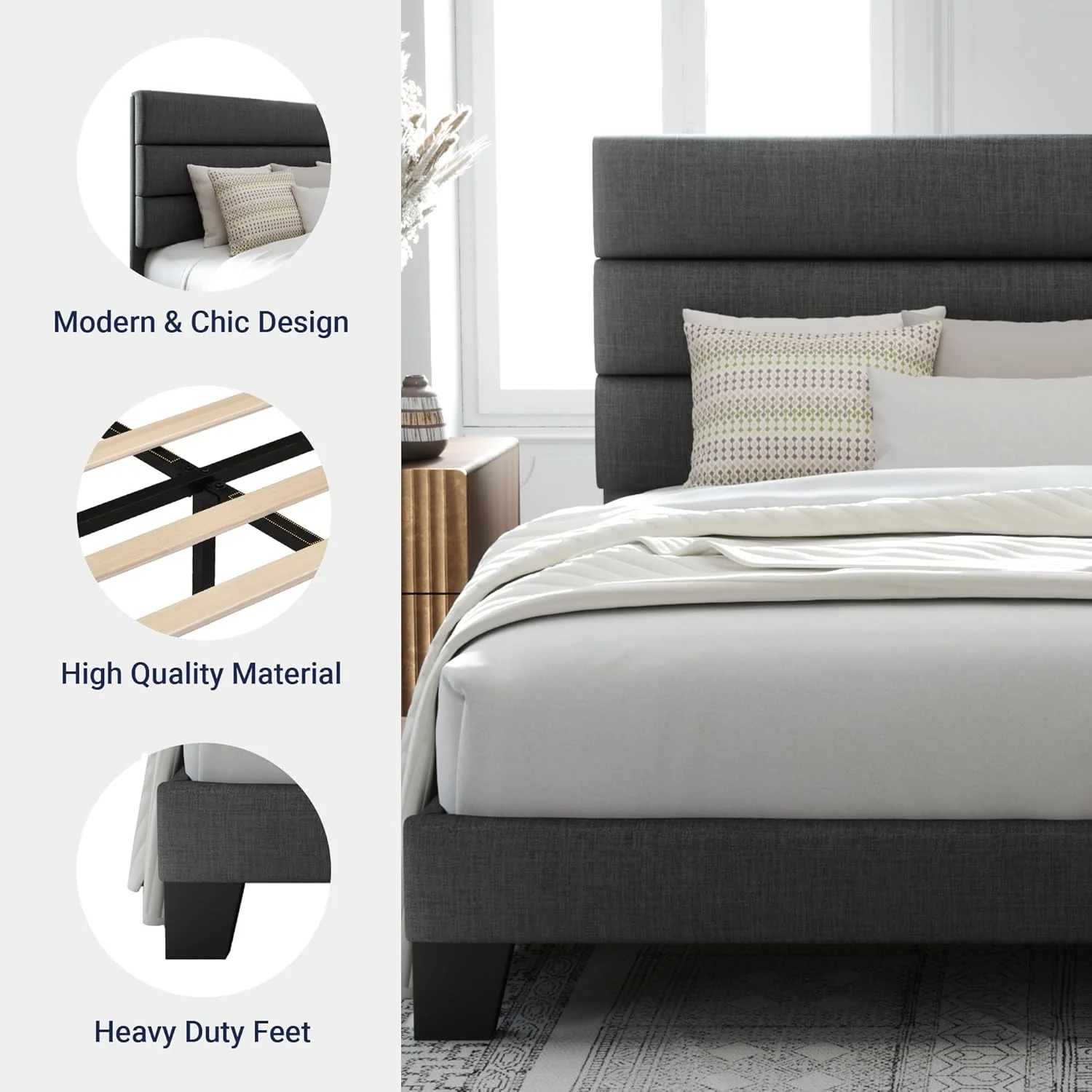 Queen Size Upholstered Platform Bed Frame, Dark Gray Fabric Bed with Headboard for Bedroom - Image 6