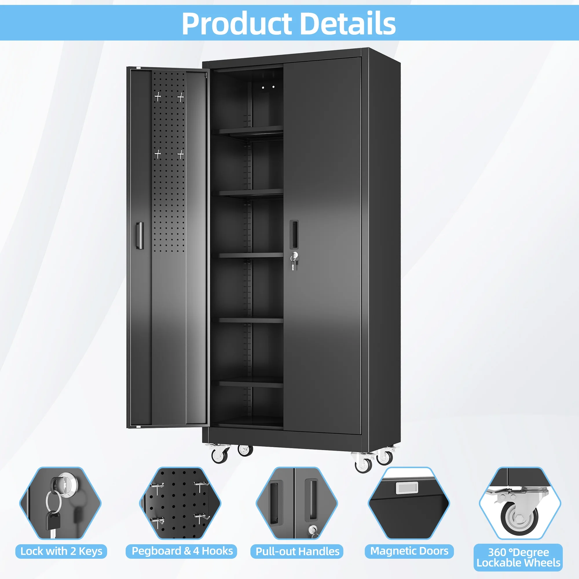 Gaeanet Rolling Tool Storage Cabinet with 5 Adjustable Shelves and Pegboard,Metal Garage Storage Cabinet with Wheels for Garage Home Office Utility Room,71" H-32" W-16" D,Required Assembly, Black - Image 16