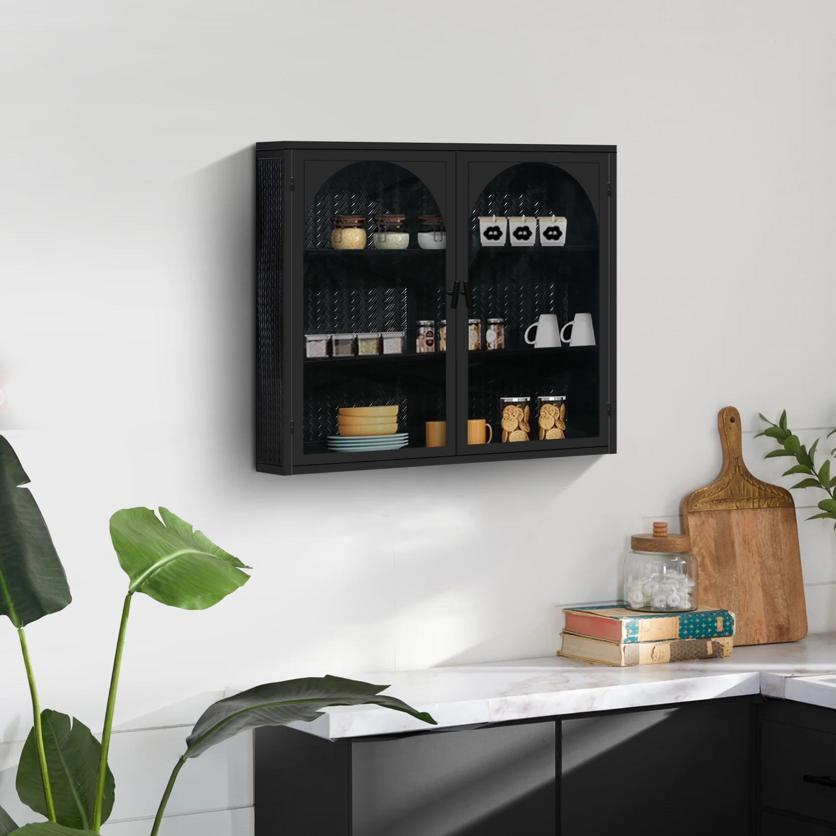 Two-door Wall Cabinet, Modern Kitchen Wall Mounted Cabinet with 2 Glass Doors, Two-tier Enclosed Storage, an Open Shelf, Towel Rack, Metal Wall Cabinet for Entryway, Living Room, Bathroom, White - Image 12